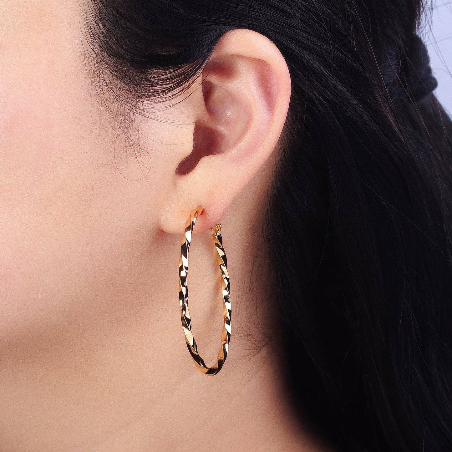 60mm, 50mm Gold Filled Twist Geometric Hoop Hinge Latch Earrings in Gold & Silver | AB499 - AB502