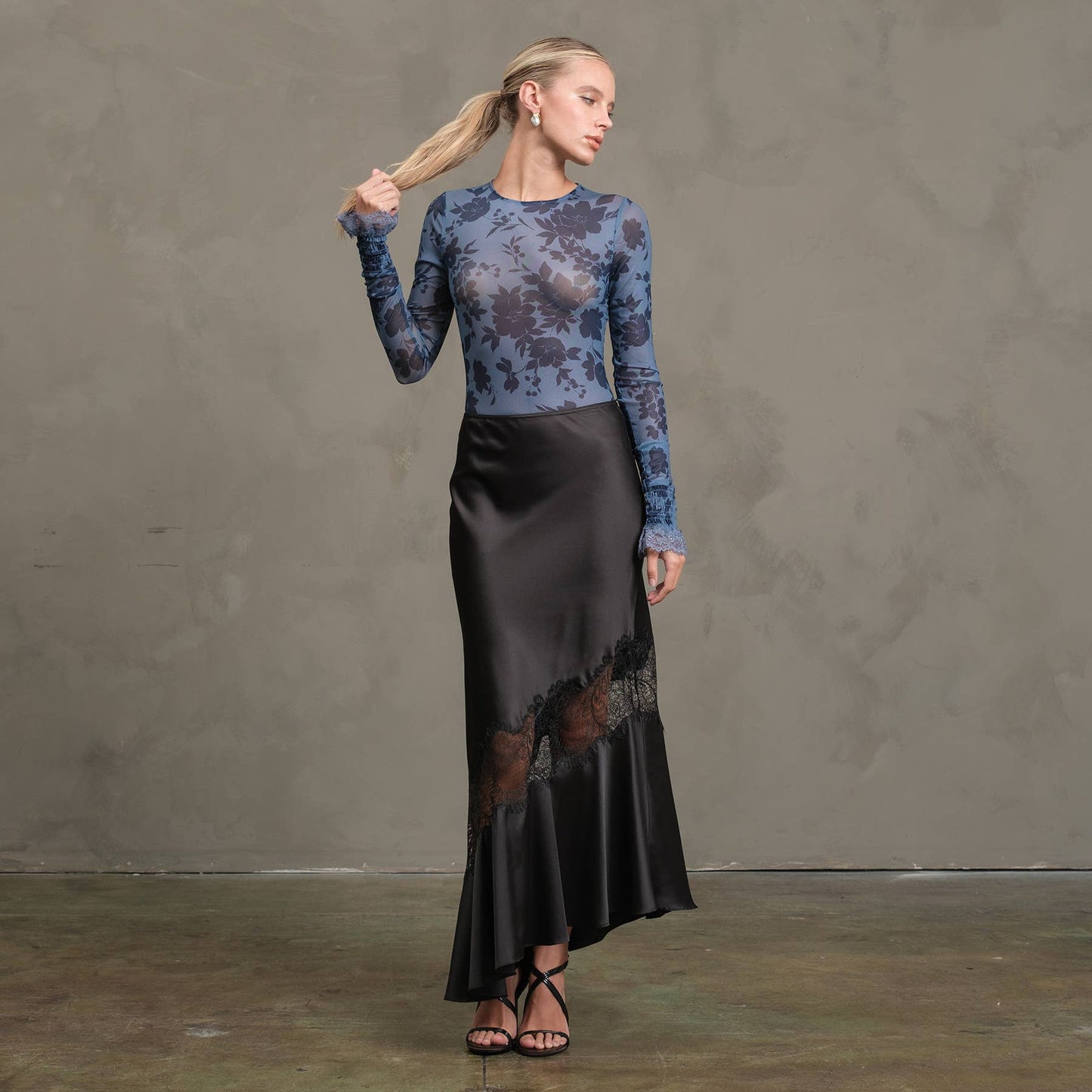 Satin Bias Lace Panel Skirt - RS1005