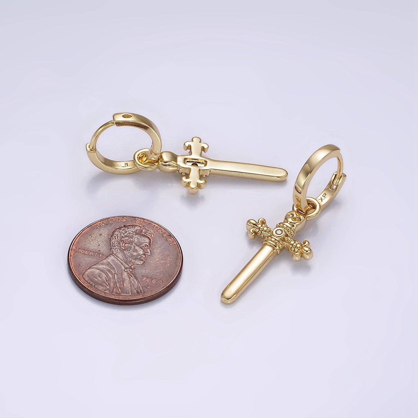 14K Gold Filled Artisan Fleury Cross Sword CZ Drop Huggie Earrings | AE934