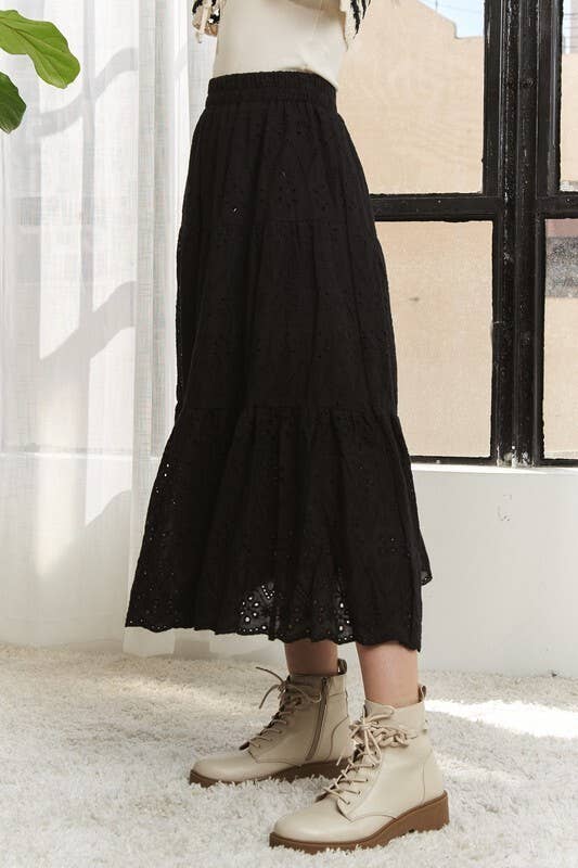 LES3878-ELASTIC WAISTBAND TIERED MIDI SKIRT