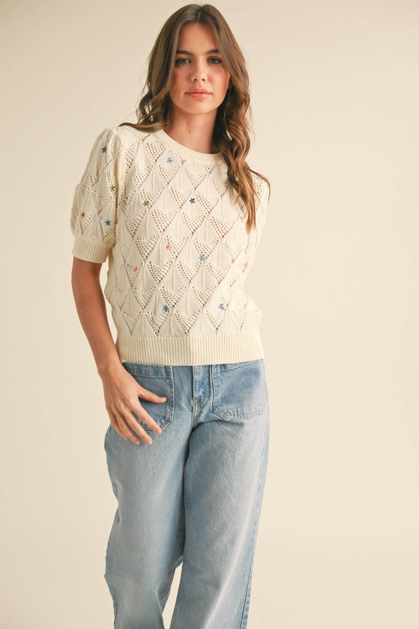 POINTELLE KNIT SWEATER WITH FLORAL EMBROIDERY MSW10819