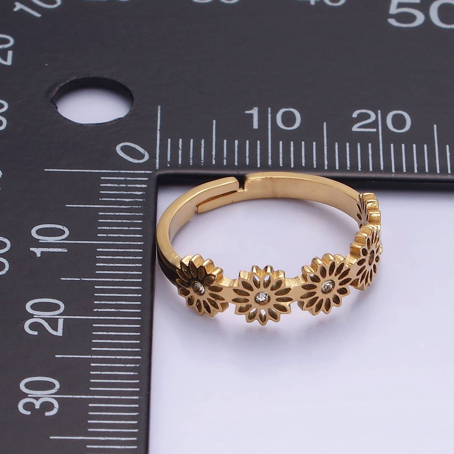 Stainless Steel CZ Open Flower Outlined Adjustable Rings