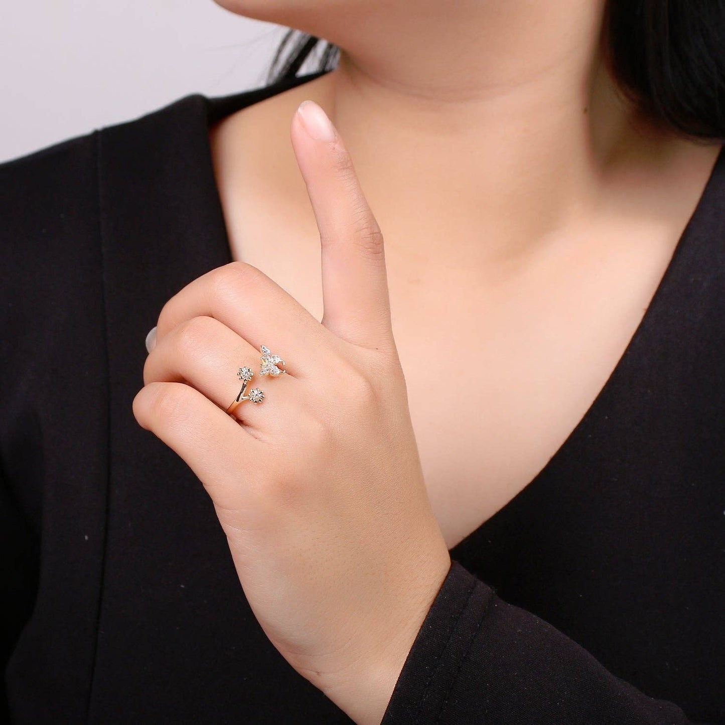 Dainty Elegant Butterfly and Flower 18K Gold Filled Adjustable Ring - R271