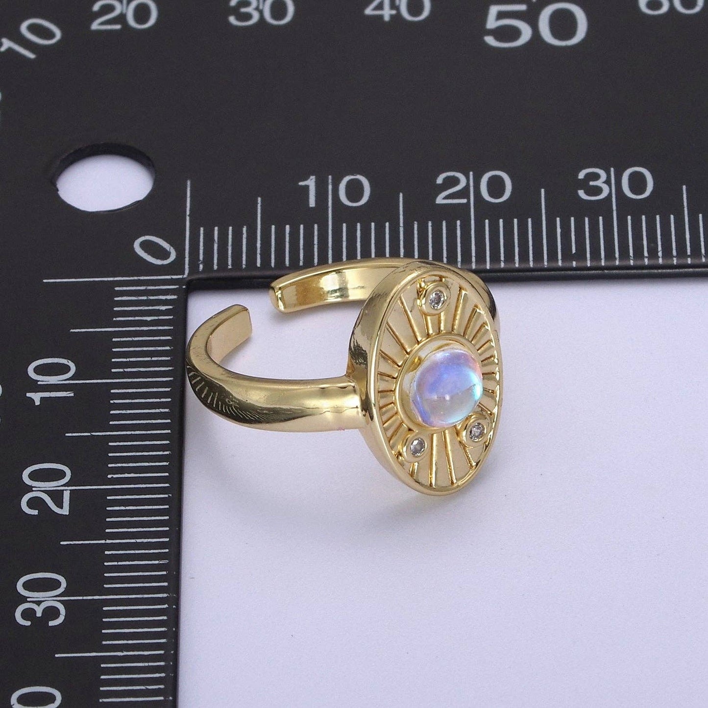 White Opal Sunburst Ring, Clear Crystal Zirconia CZ Oval Radial Adjustable Ring, 24K Gold Filled Statement Ring U460