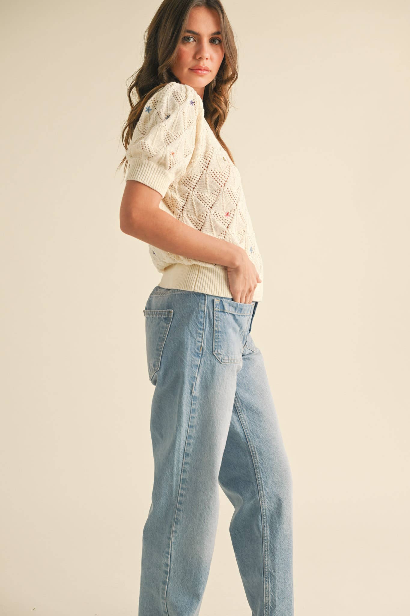 POINTELLE KNIT SWEATER WITH FLORAL EMBROIDERY MSW10819