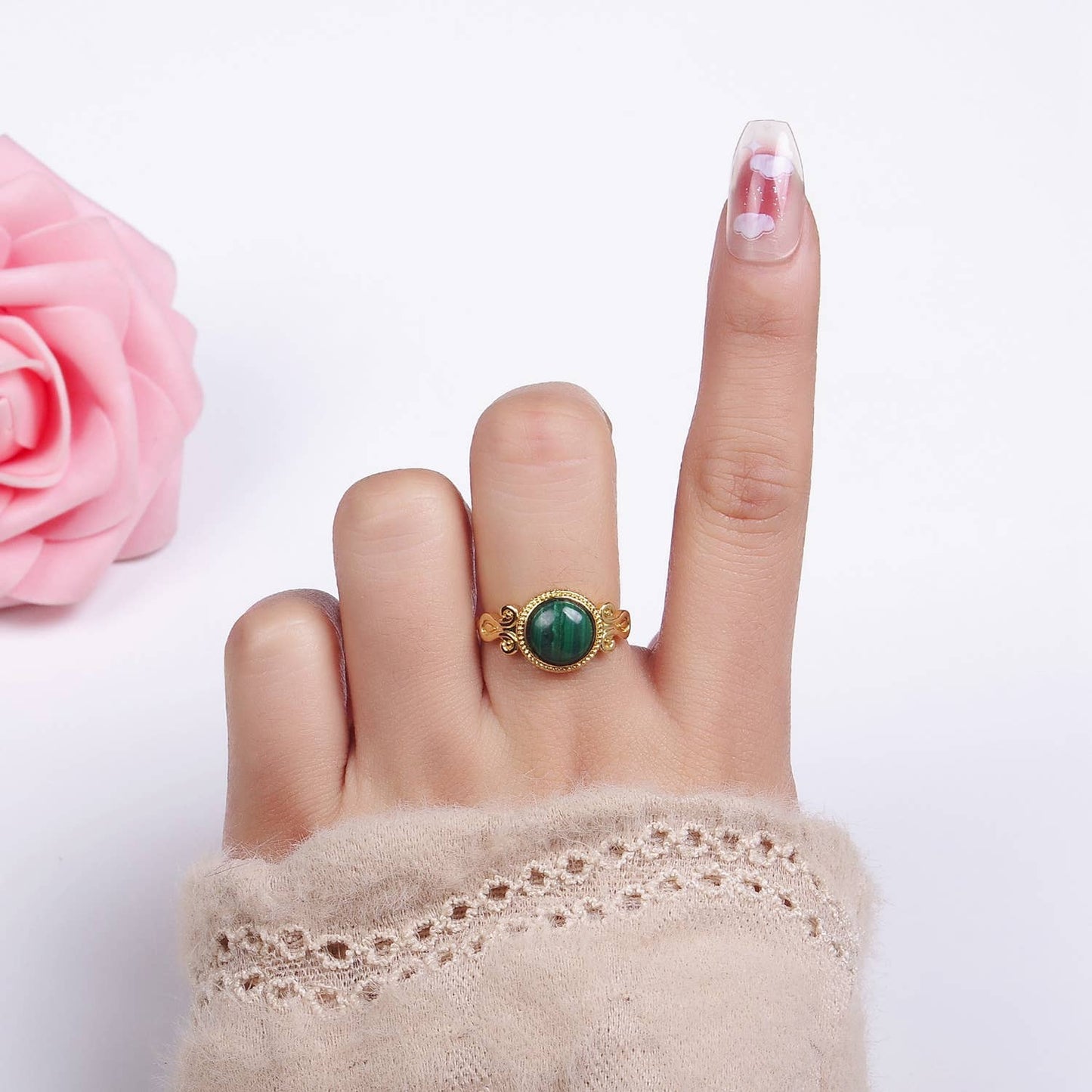 14K Gold Filled Malachite Croissant Bezel Artisan Ring