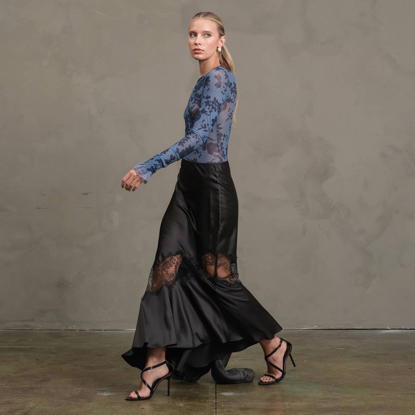 Satin Bias Lace Panel Skirt - RS1005