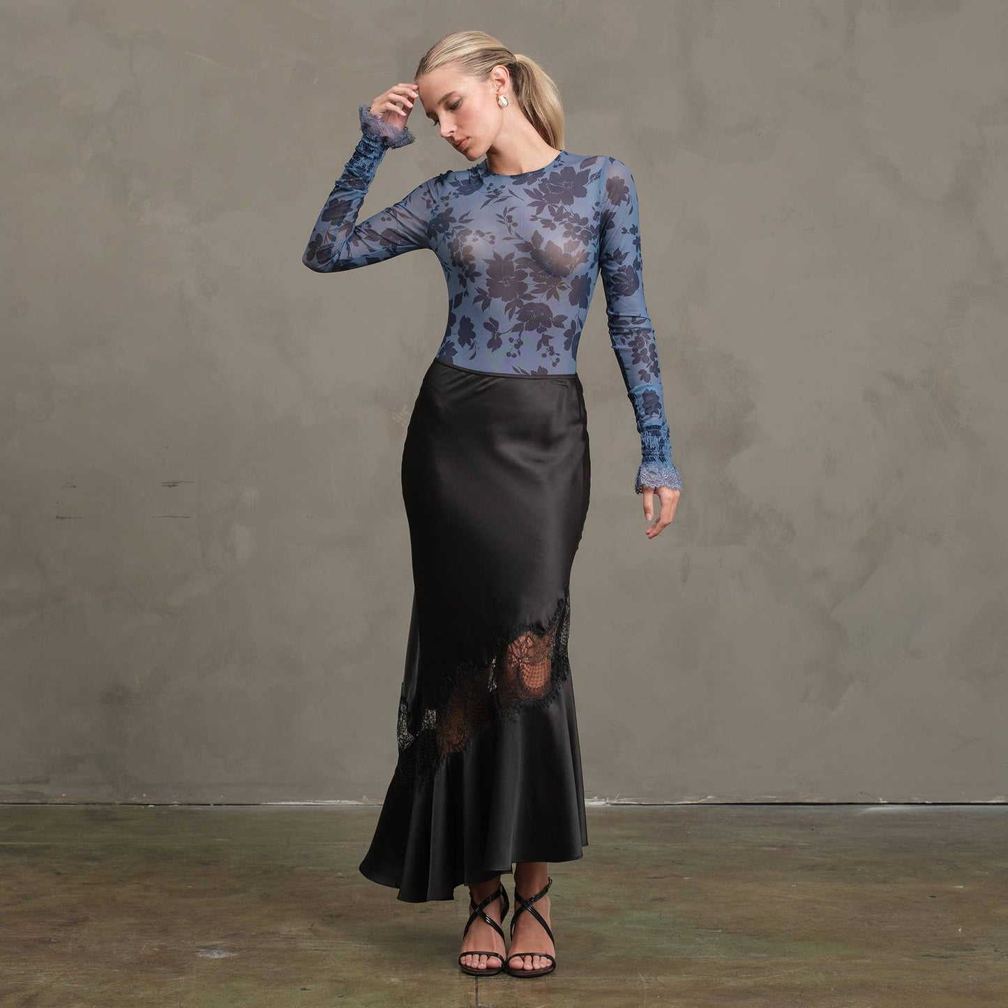 Satin Bias Lace Panel Skirt - RS1005