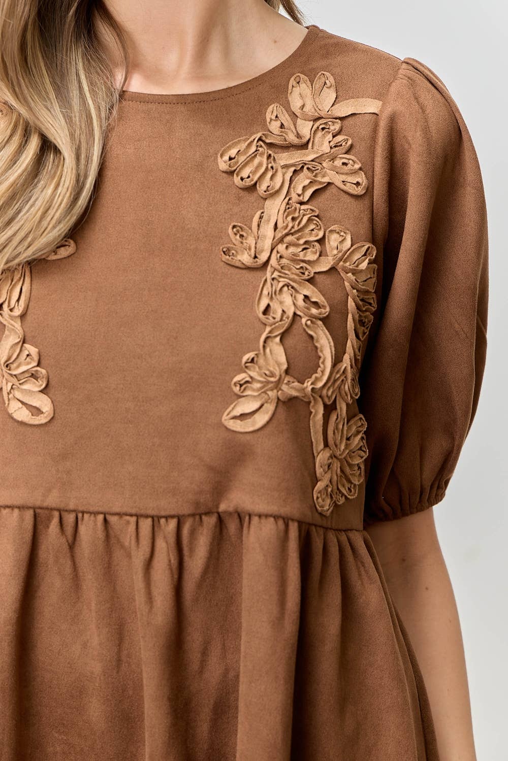 3D EMBROIDERED SUEDE DRESS