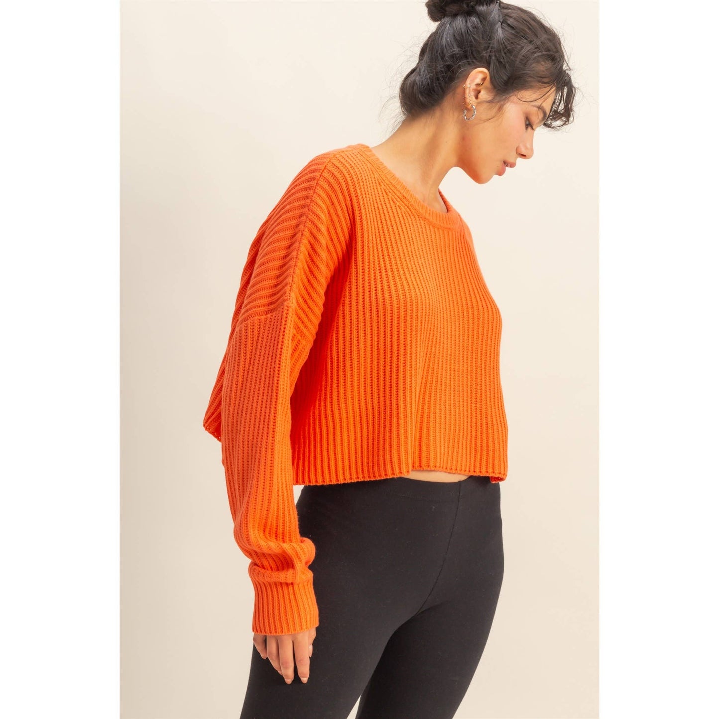 Cropped Knit Sweater With Crew Neck