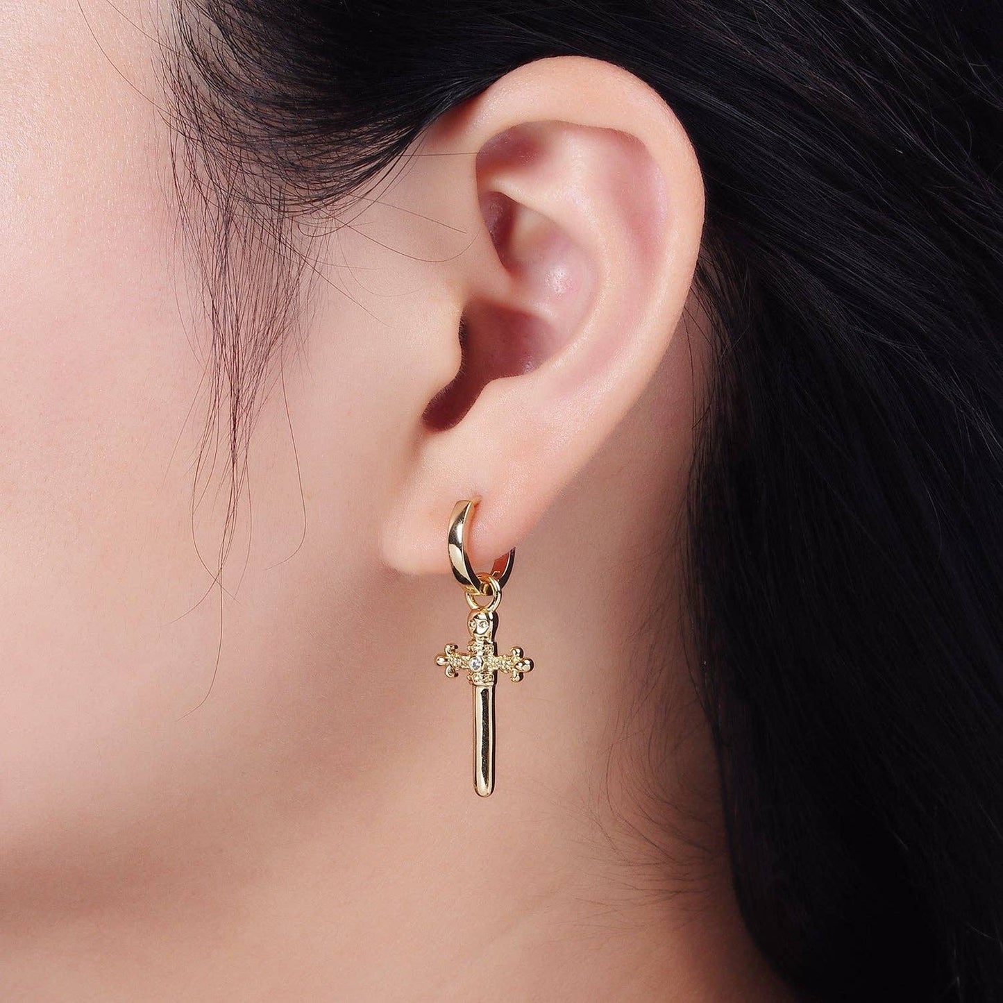 14K Gold Filled Artisan Fleury Cross Sword CZ Drop Huggie Earrings | AE934