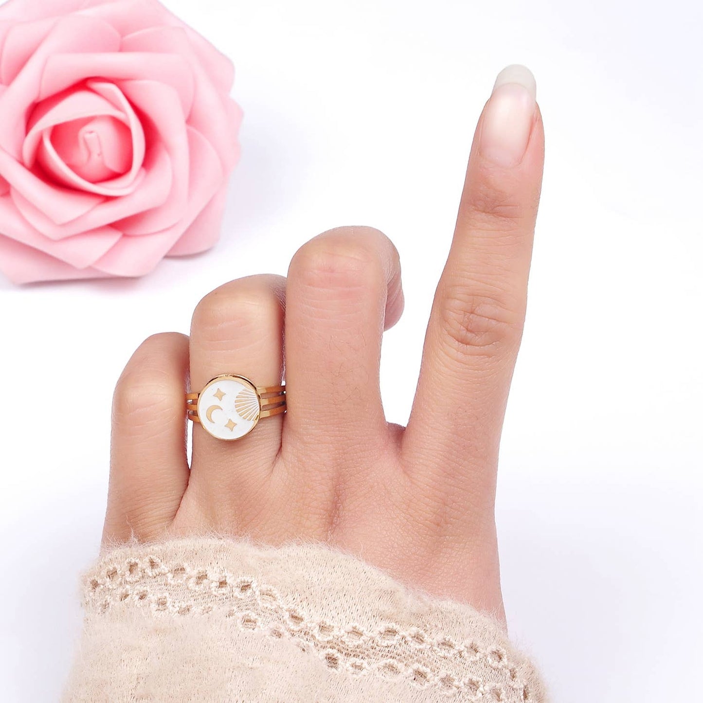 Stainless Steel White Celestial Sun Moon Stars Round Ring