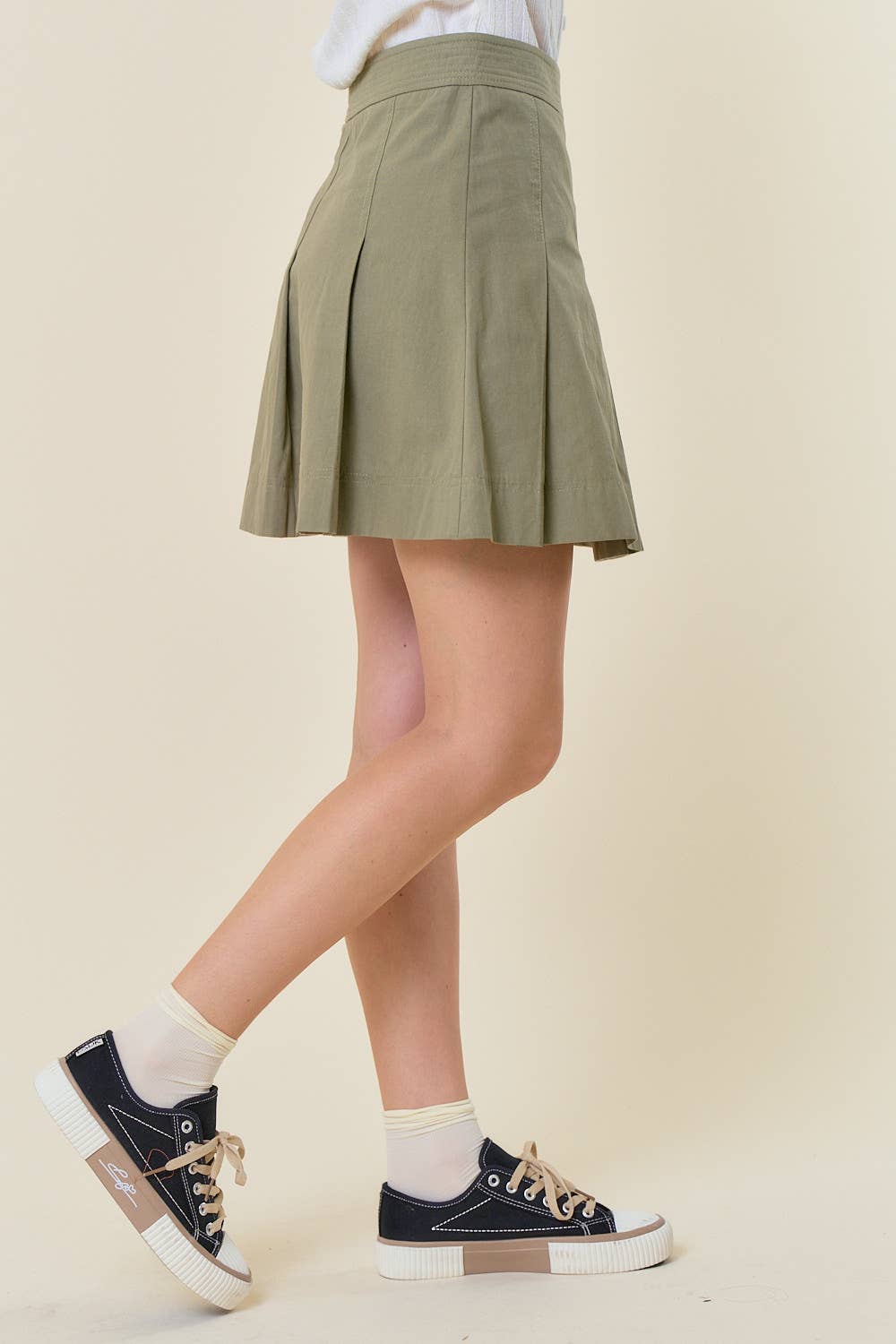 PLEATED COTTON A-LINE MINI SKIRT W/ SIDE ZIP UP - 6500S