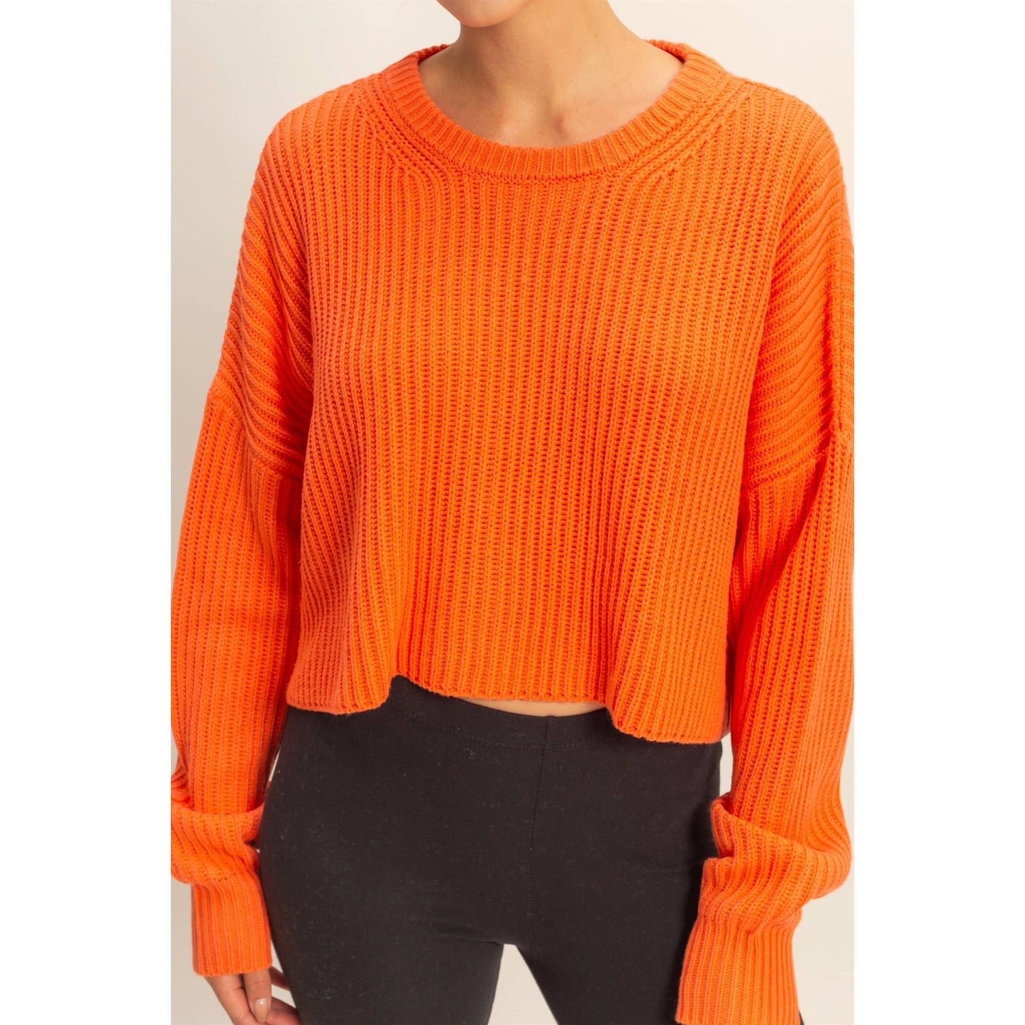 Cropped Knit Sweater With Crew Neck