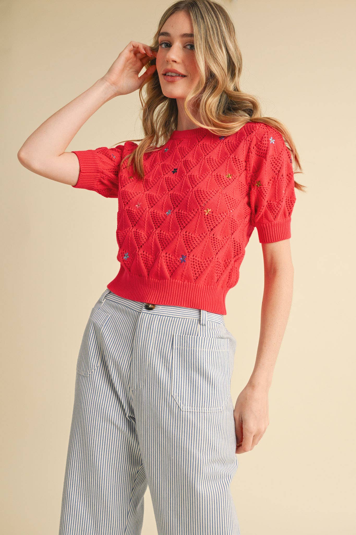 POINTELLE KNIT SWEATER WITH FLORAL EMBROIDERY MSW10819