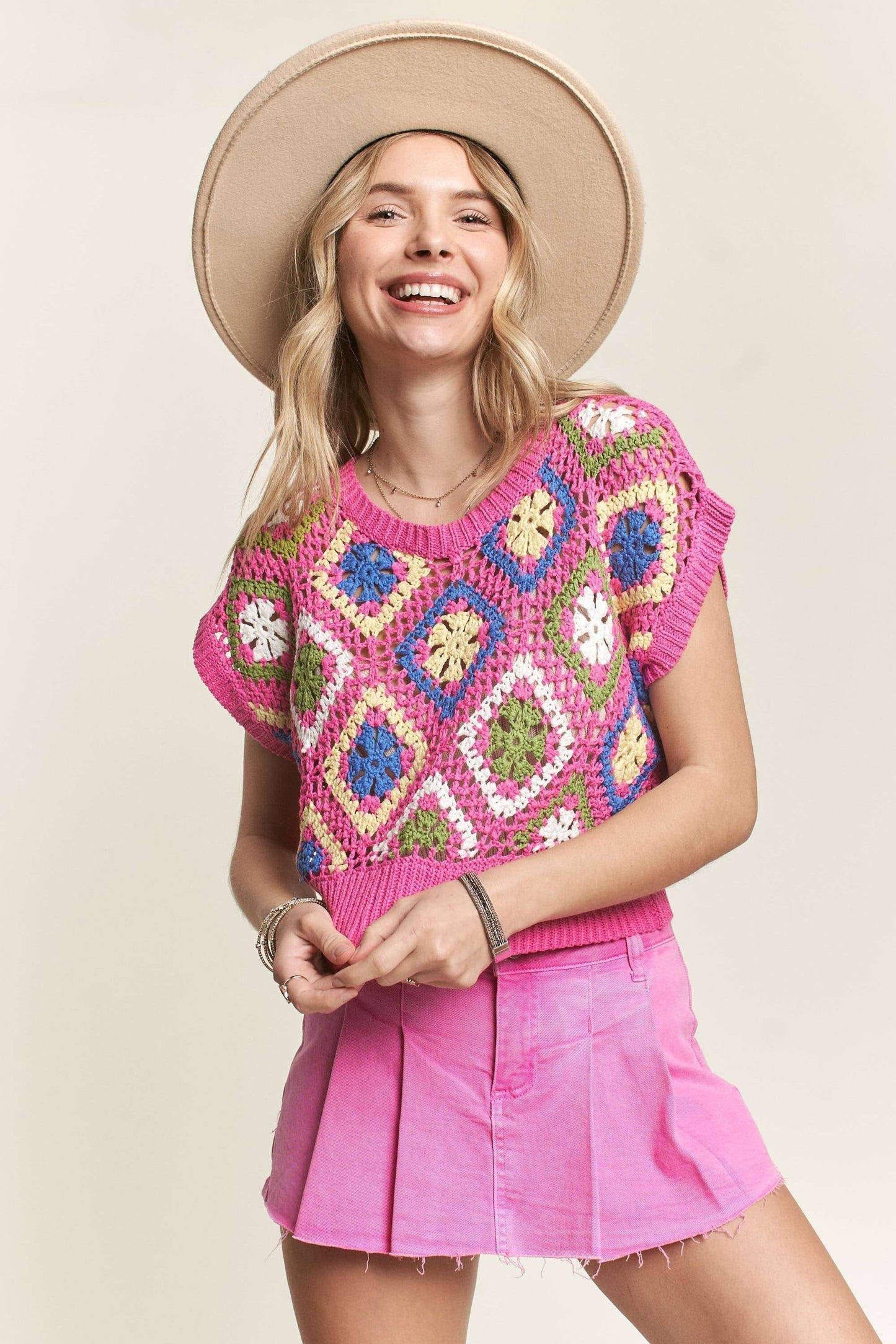LESW3572-MULTI COLOR CROCHET TOP