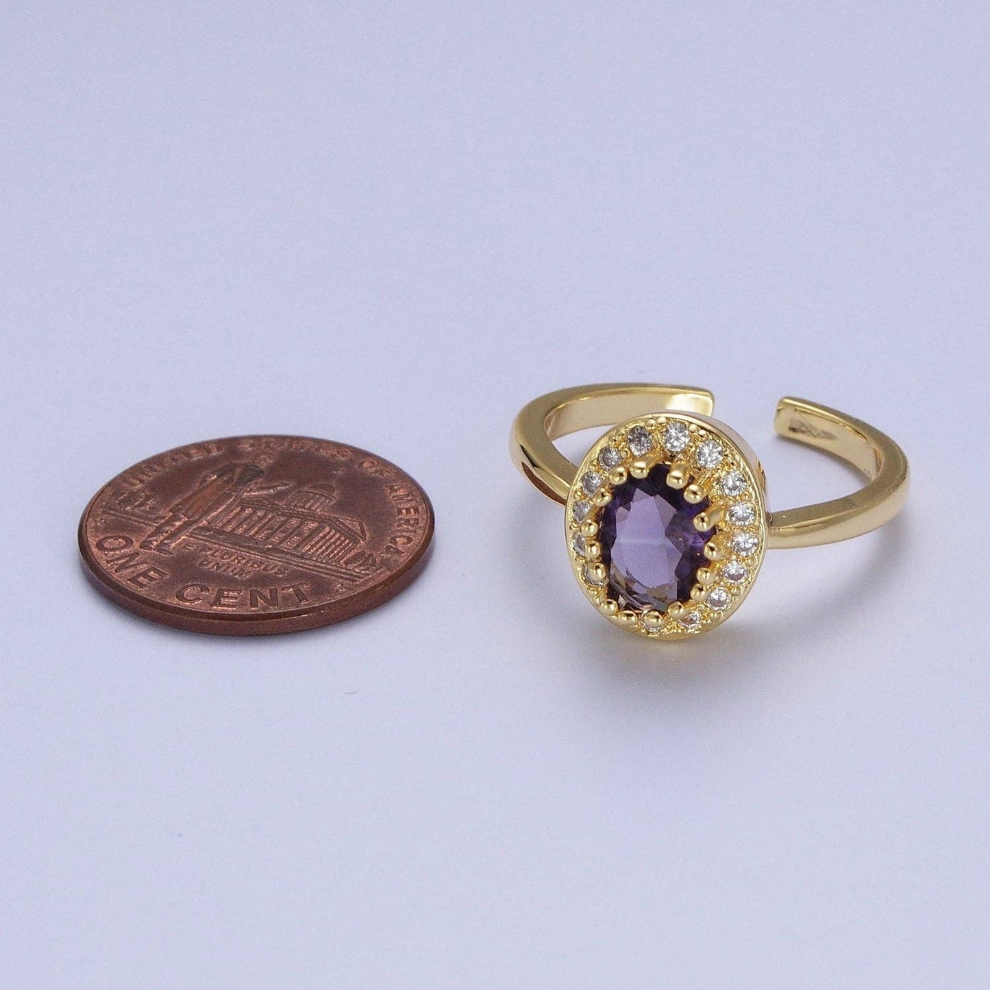 Micro Pave Oval Purple Amethyst Cubic Zirconia CZ Adjustable Gold Ring S248