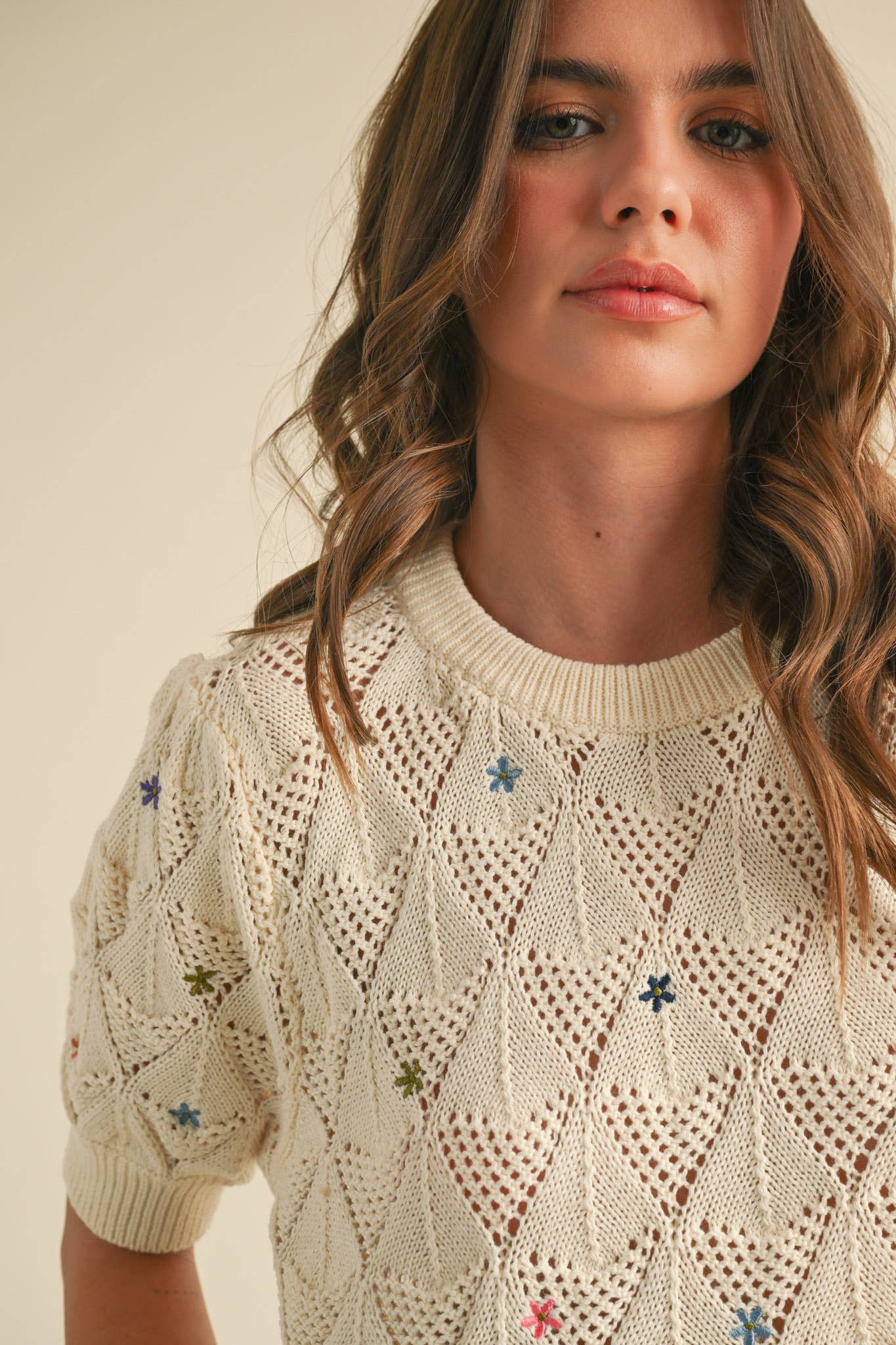 POINTELLE KNIT SWEATER WITH FLORAL EMBROIDERY MSW10819
