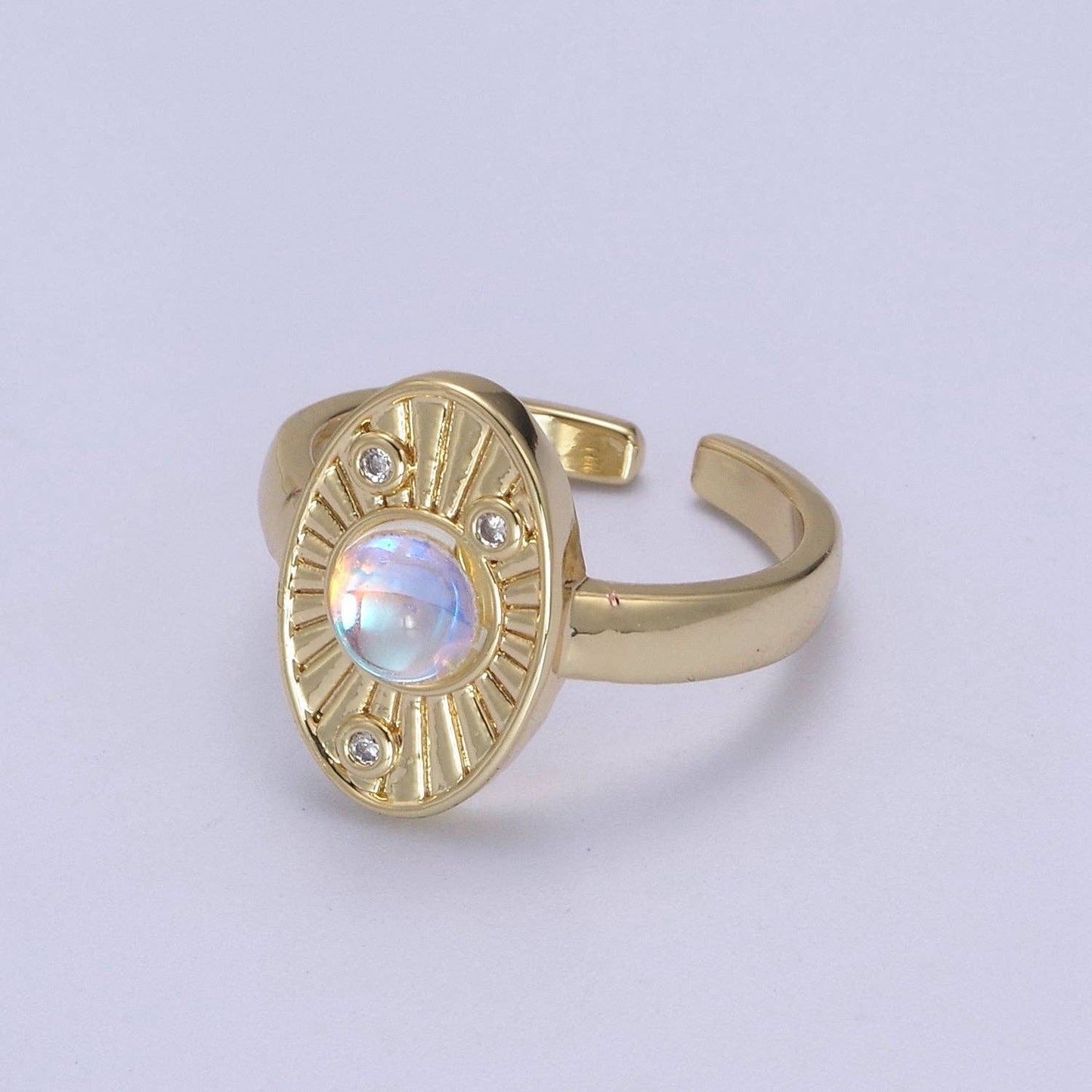 White Opal Sunburst Ring, Clear Crystal Zirconia CZ Oval Radial Adjustable Ring, 24K Gold Filled Statement Ring U460