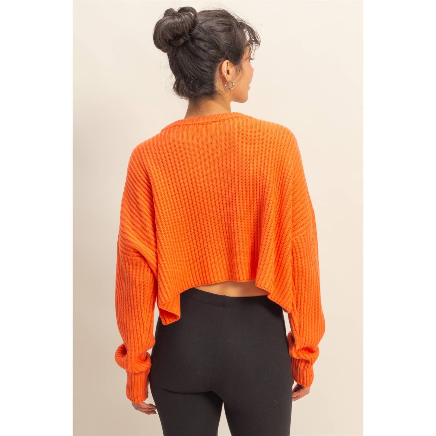 Cropped Knit Sweater With Crew Neck