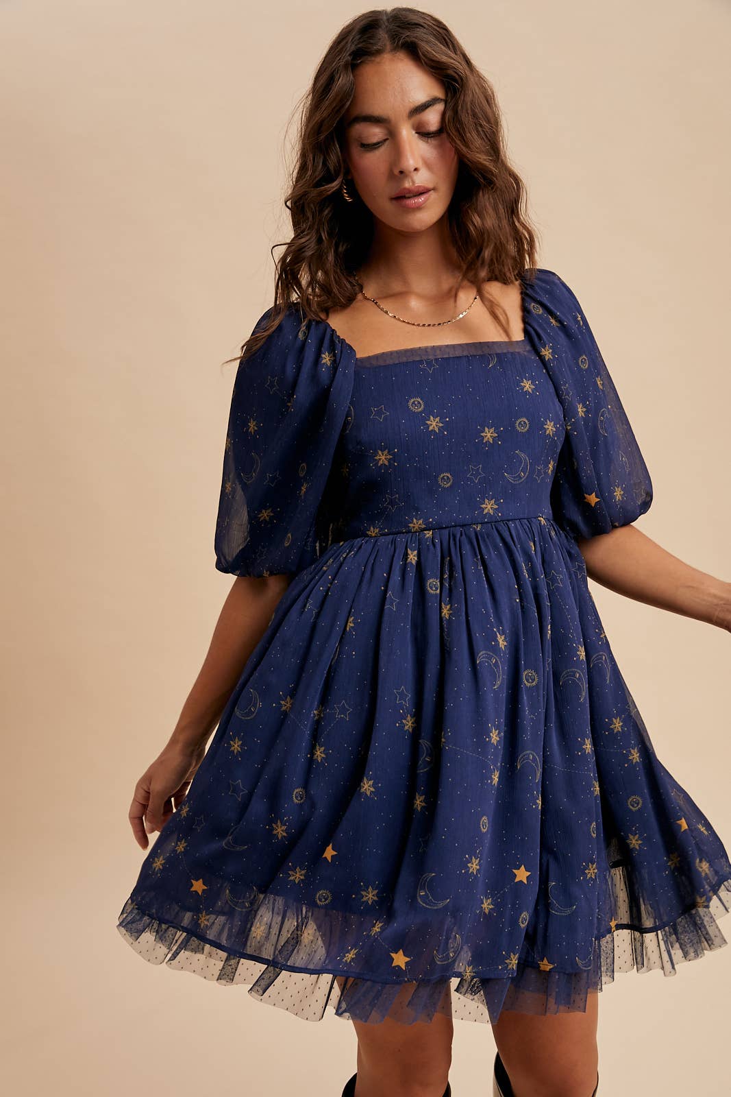 CELESTIAL PUFF SLEEVE MINI DRESS