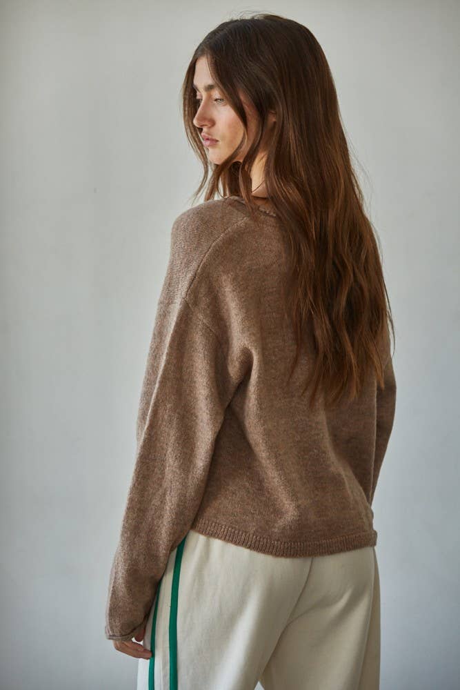 W2116 | Knit Sweater Rolled V-Neck Long Sleeve Cardigan Top