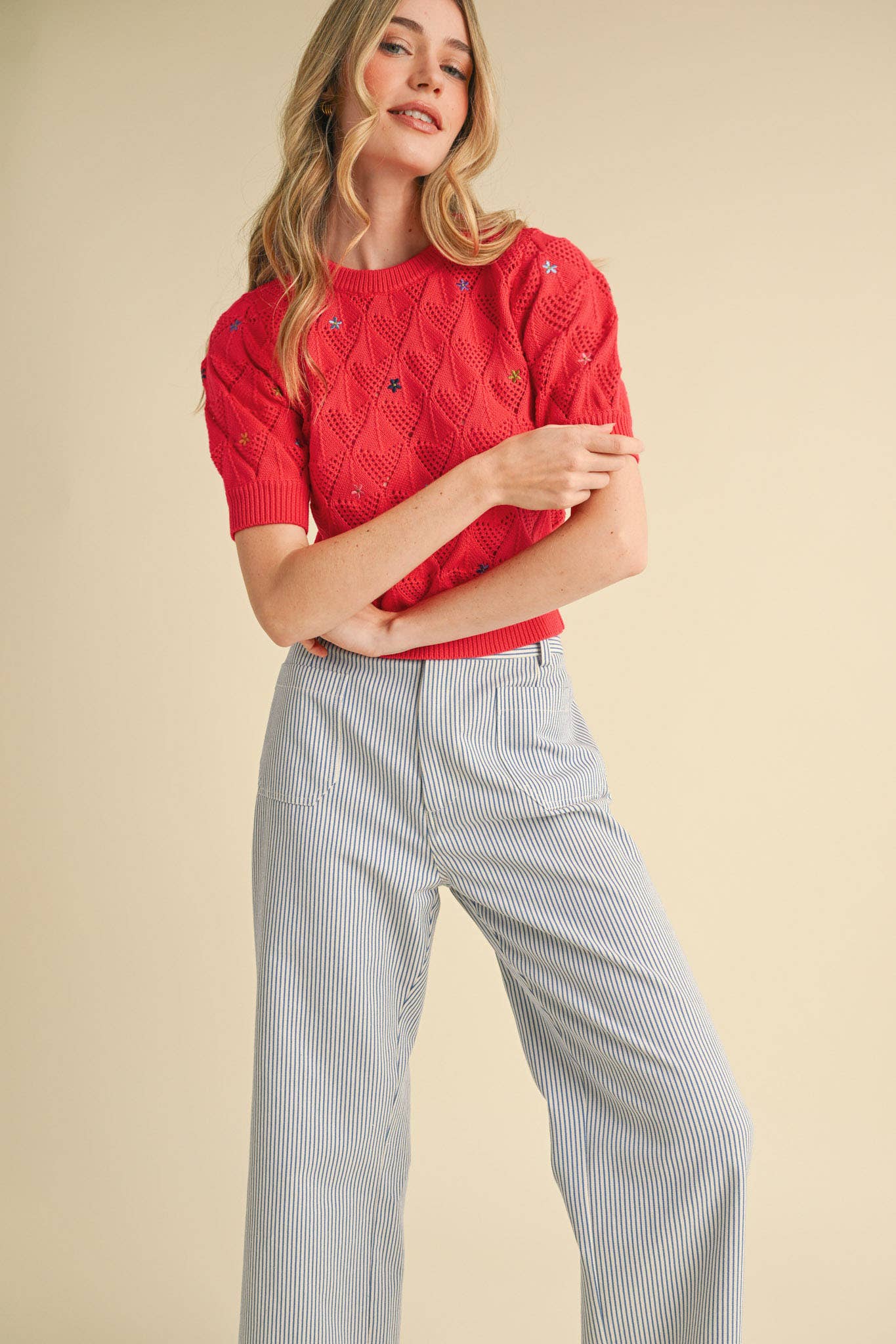 POINTELLE KNIT SWEATER WITH FLORAL EMBROIDERY MSW10819