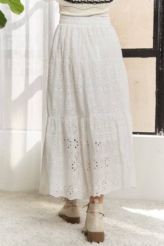 LES3878-ELASTIC WAISTBAND TIERED MIDI SKIRT
