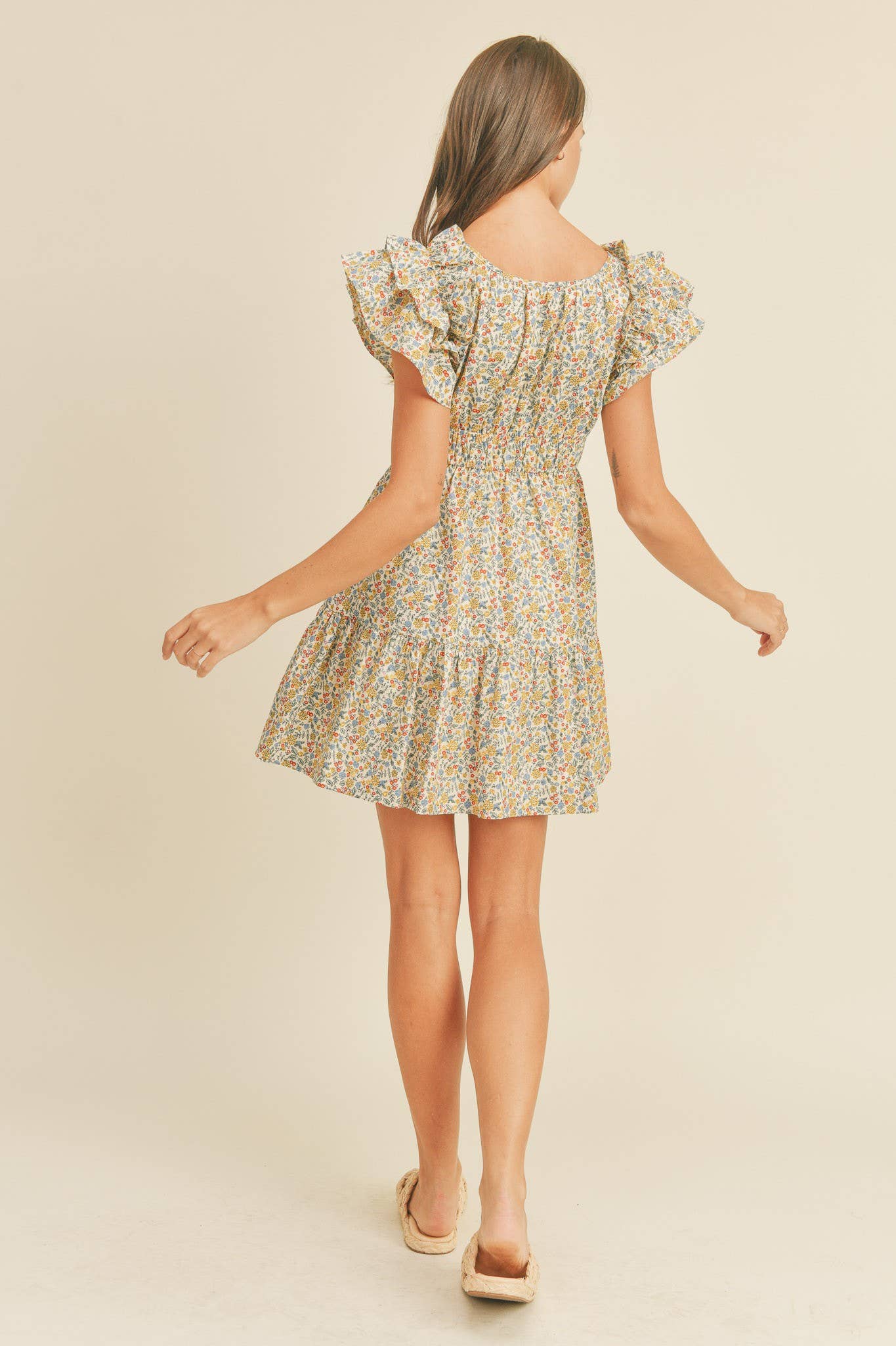 FLORAL PRINT FLUTTER SLEEVE MINI DRESS MDR1824