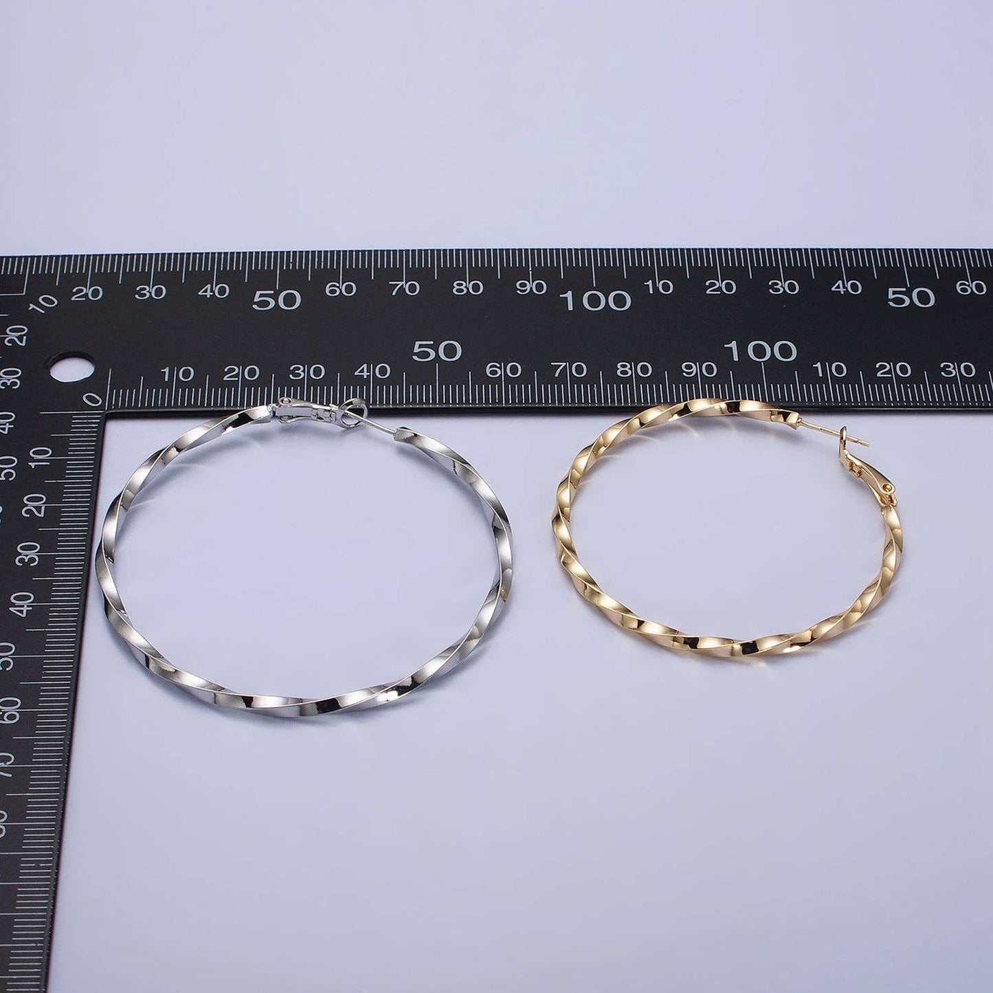 60mm, 50mm Gold Filled Twist Geometric Hoop Hinge Latch Earrings in Gold & Silver | AB499 - AB502