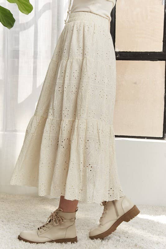 LES3878-ELASTIC WAISTBAND TIERED MIDI SKIRT
