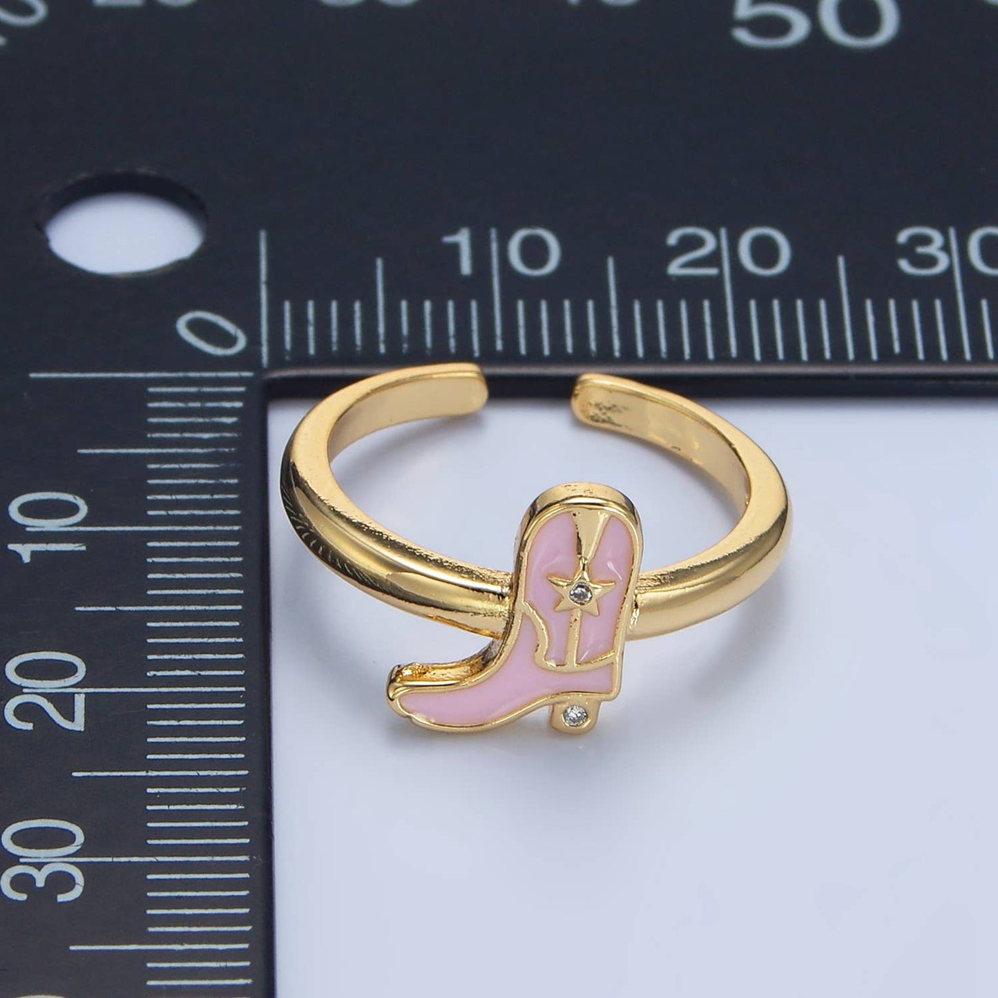 24K Gold Filled CZ Pink Enamel Cowboy Boots Ring | O979