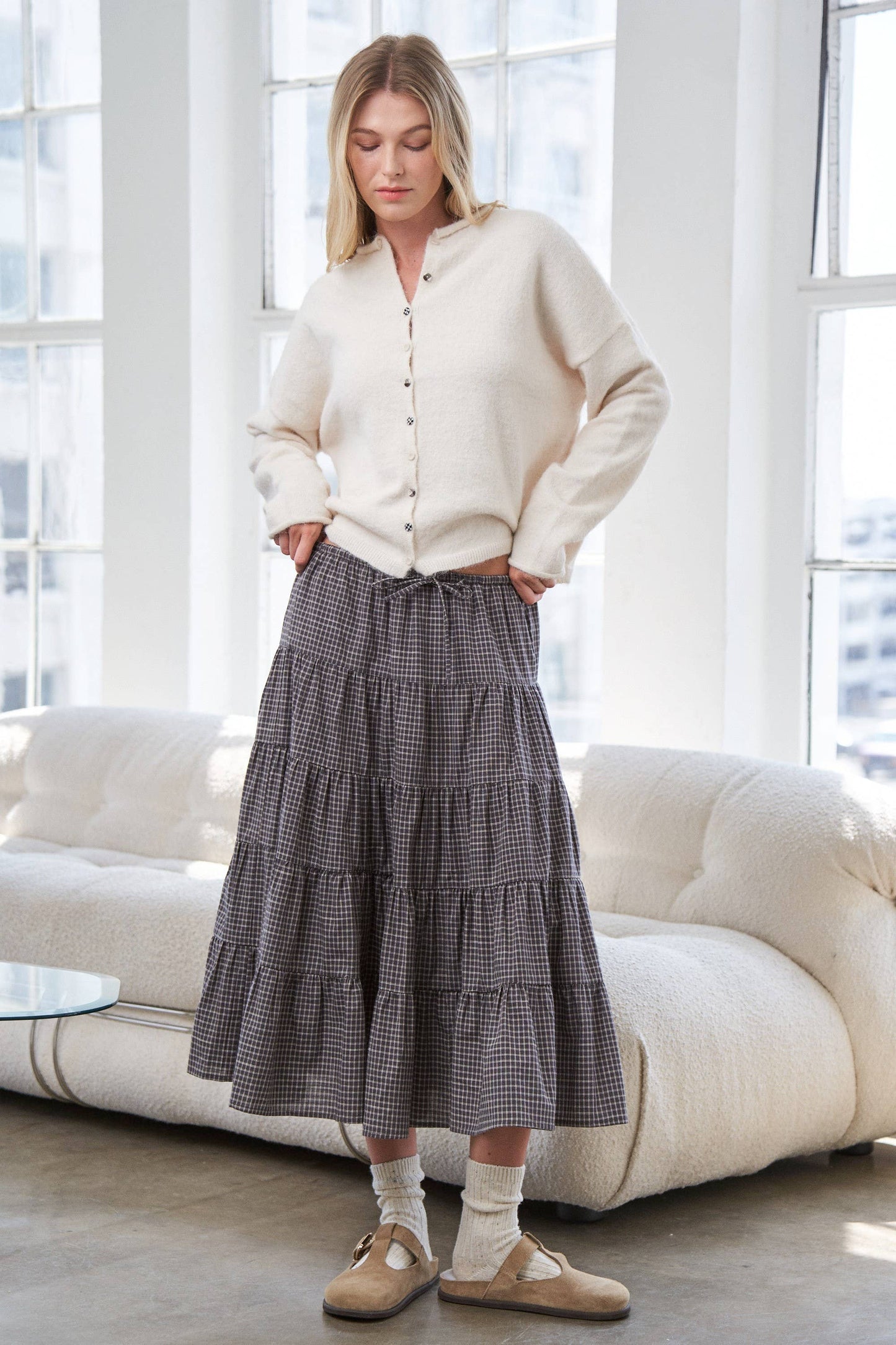 Caramel Gingham Elastic Waistband Skirt