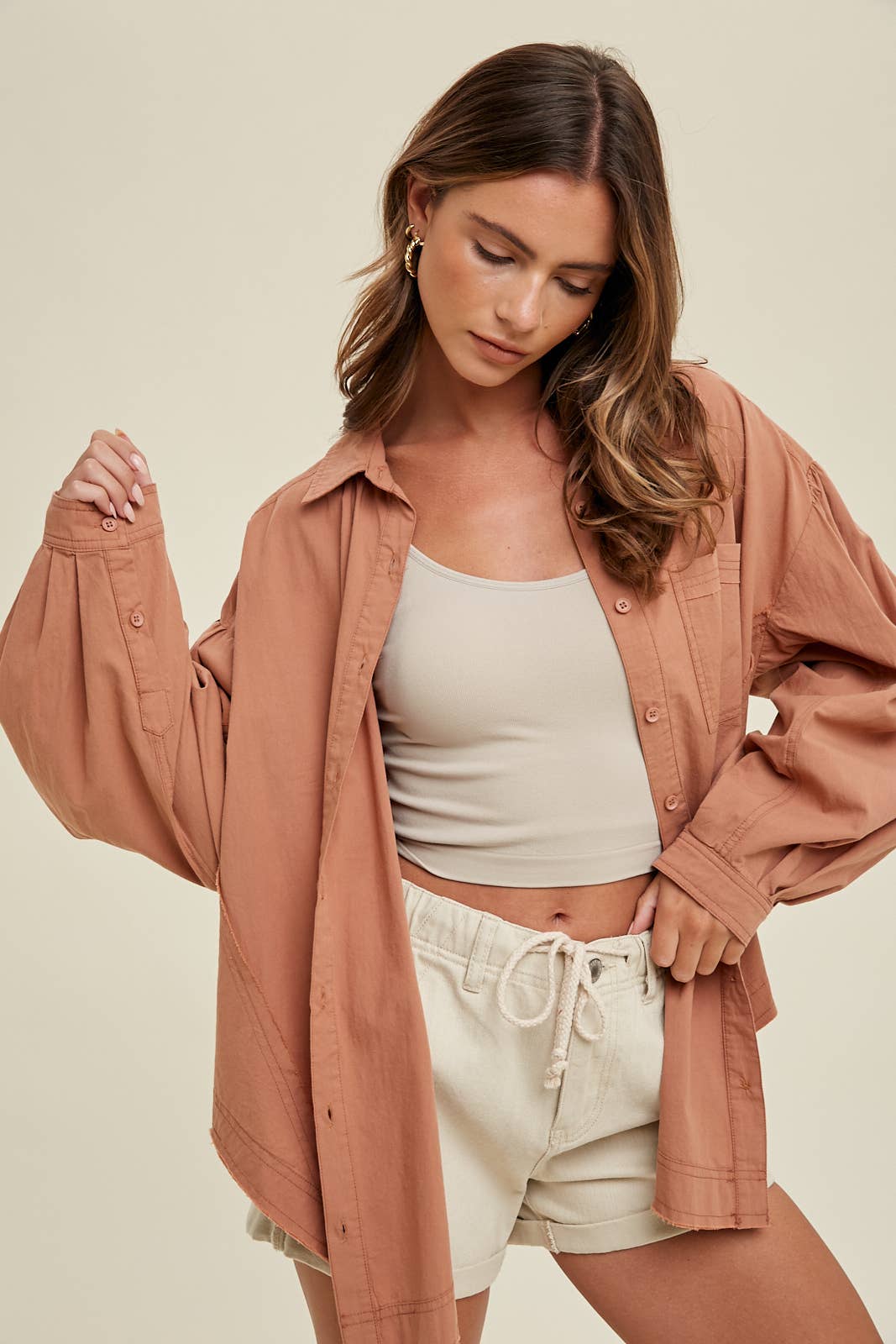 COTTON BALLOON SLEEVE SHIRT WITH SIDE SLITS / WL23-8139