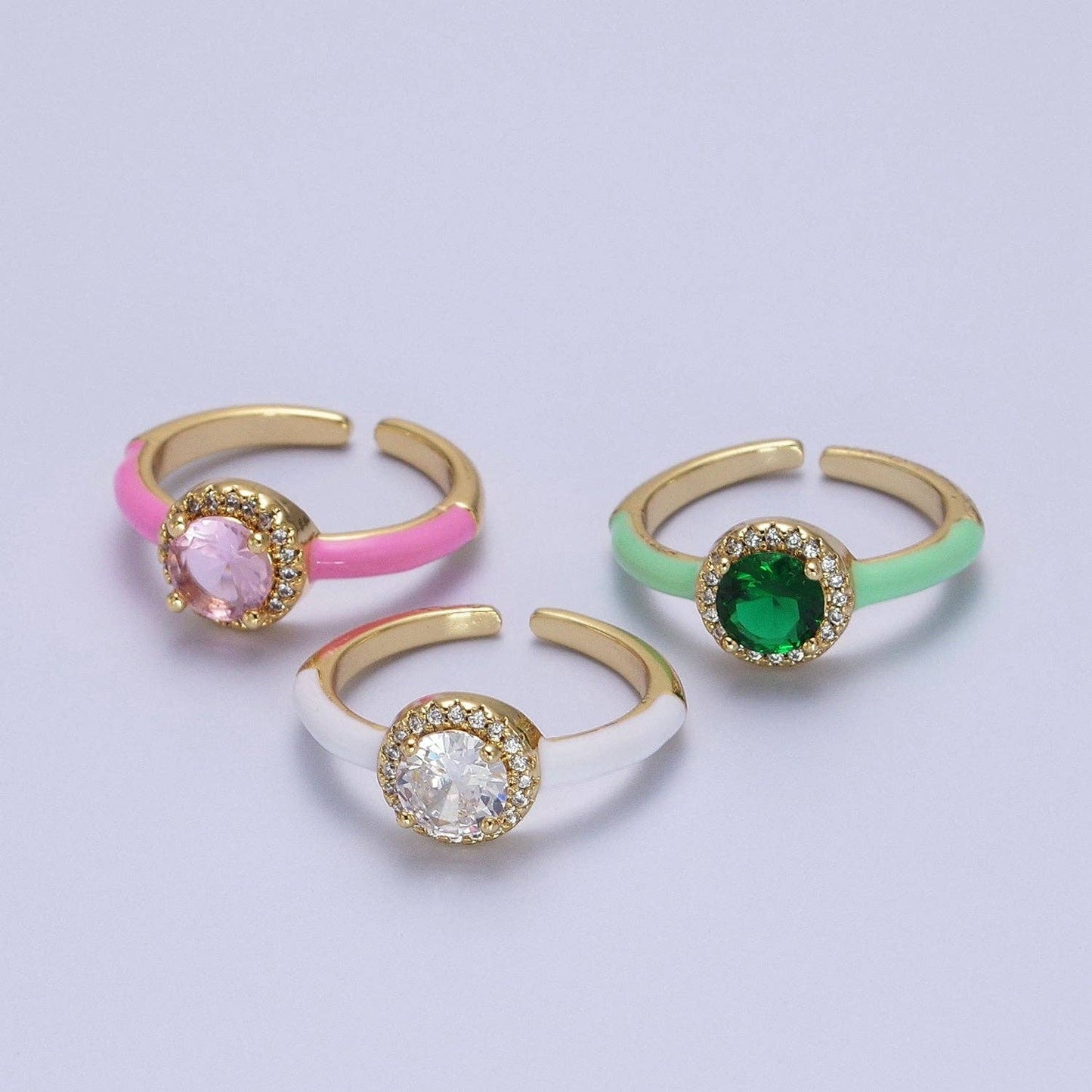Gold Filled Barbiecore Round Green, White, Pink Micro Paved Enamel Adjustable Ring | Y343 - Y345