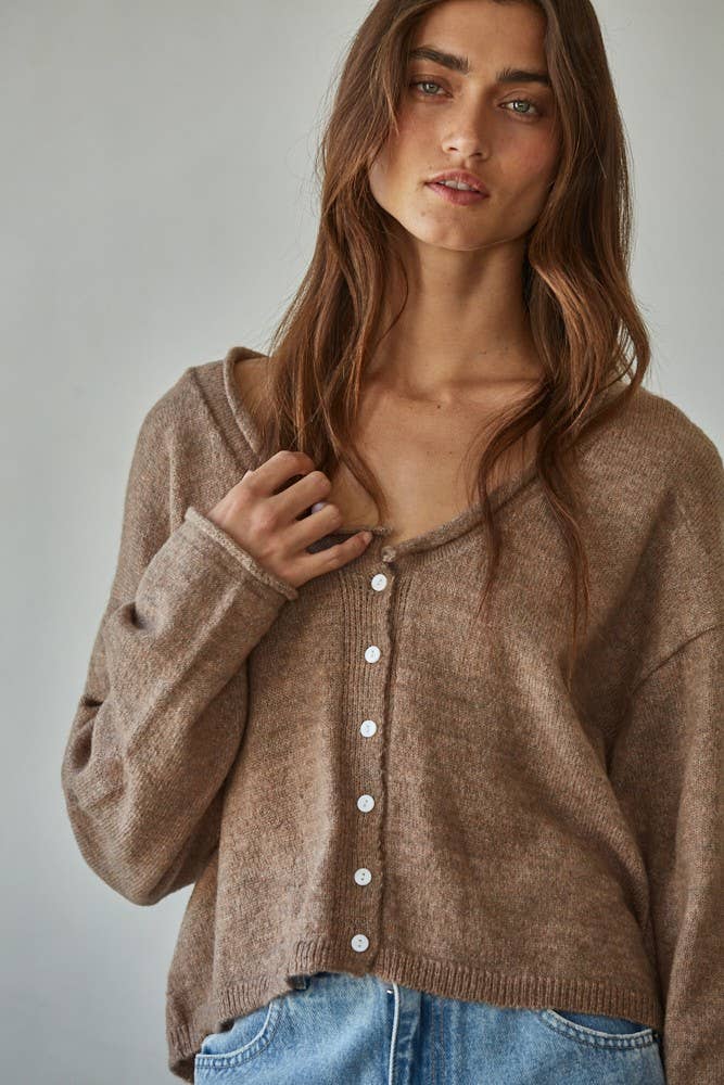 W2116 | Knit Sweater Rolled V-Neck Long Sleeve Cardigan Top