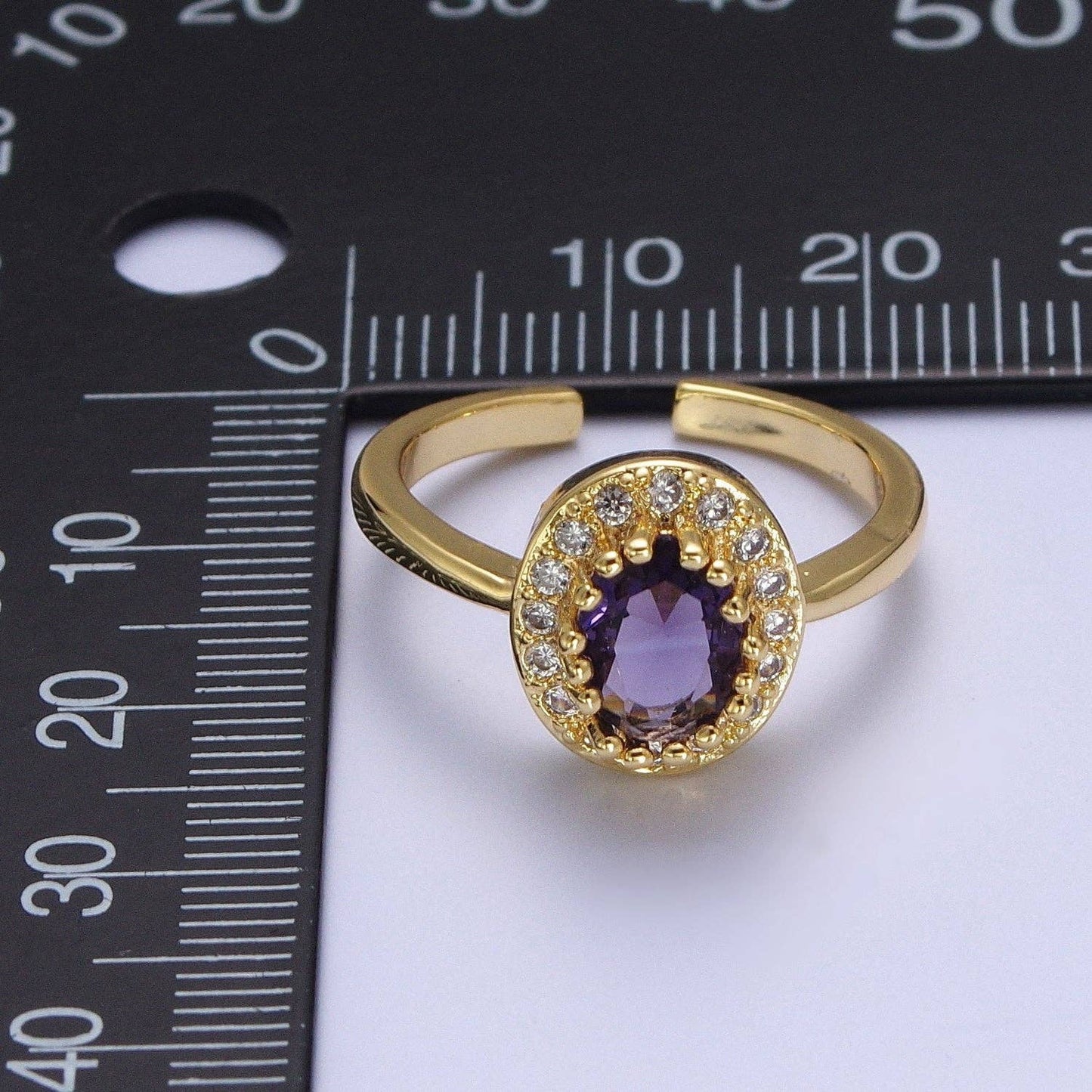Micro Pave Oval Purple Amethyst Cubic Zirconia CZ Adjustable Gold Ring S248