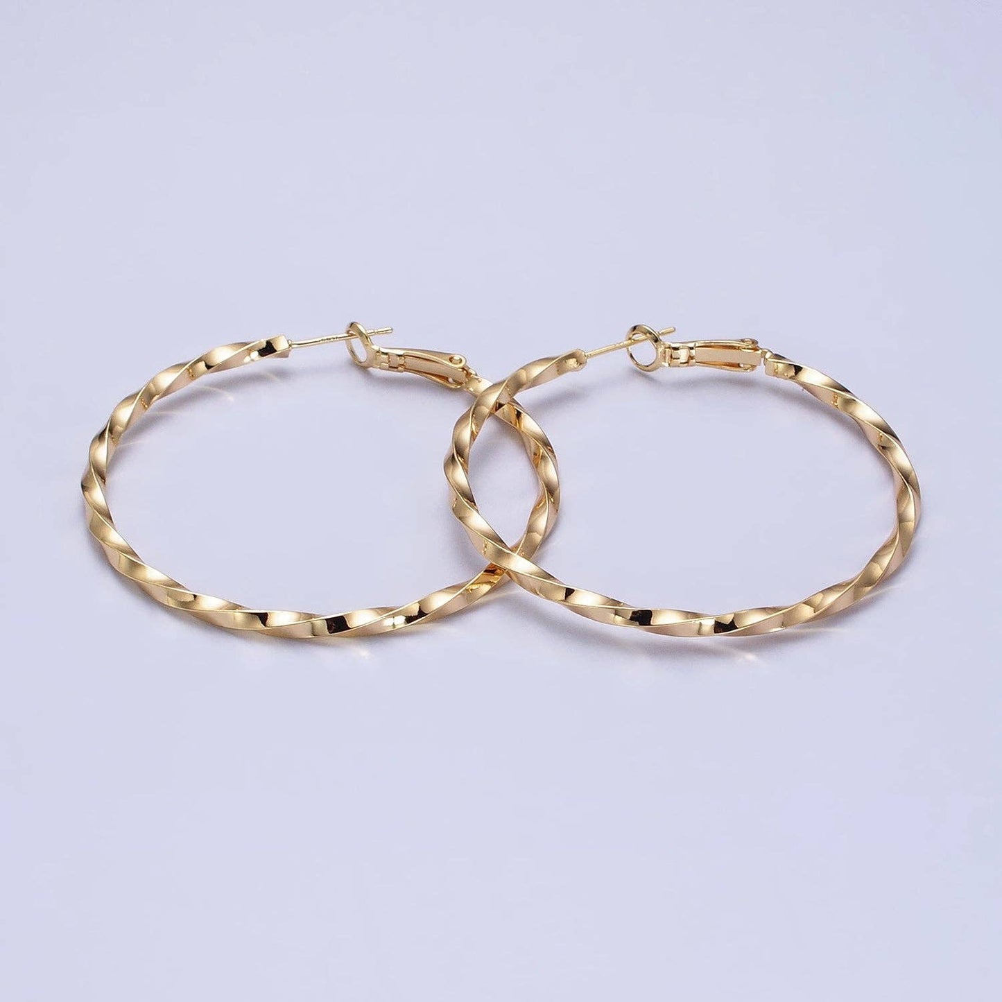 60mm, 50mm Gold Filled Twist Geometric Hoop Hinge Latch Earrings in Gold & Silver | AB499 - AB502