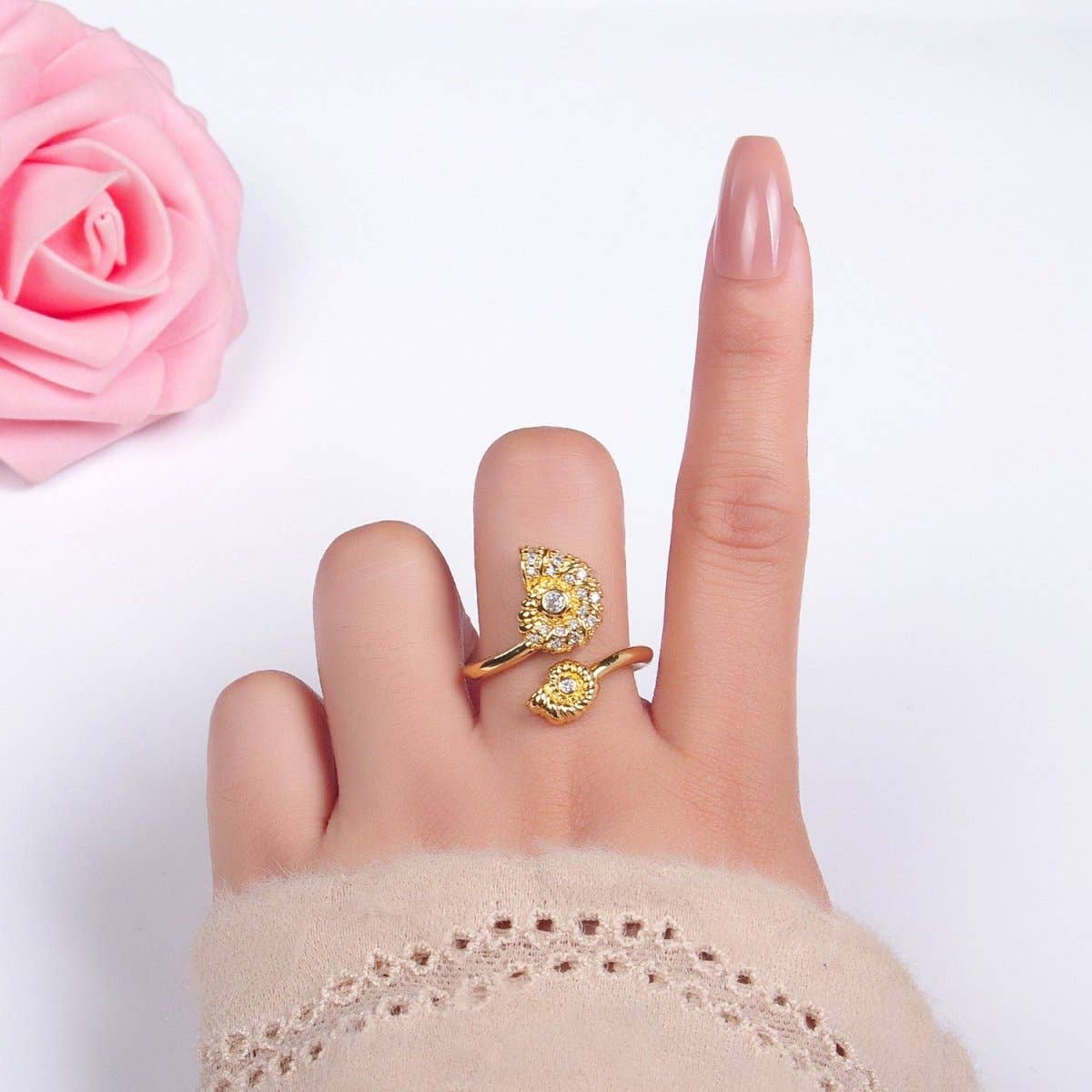24K Gold Filled Micro Paved CZ Clam Shell Pearl Wrap Ring | U423