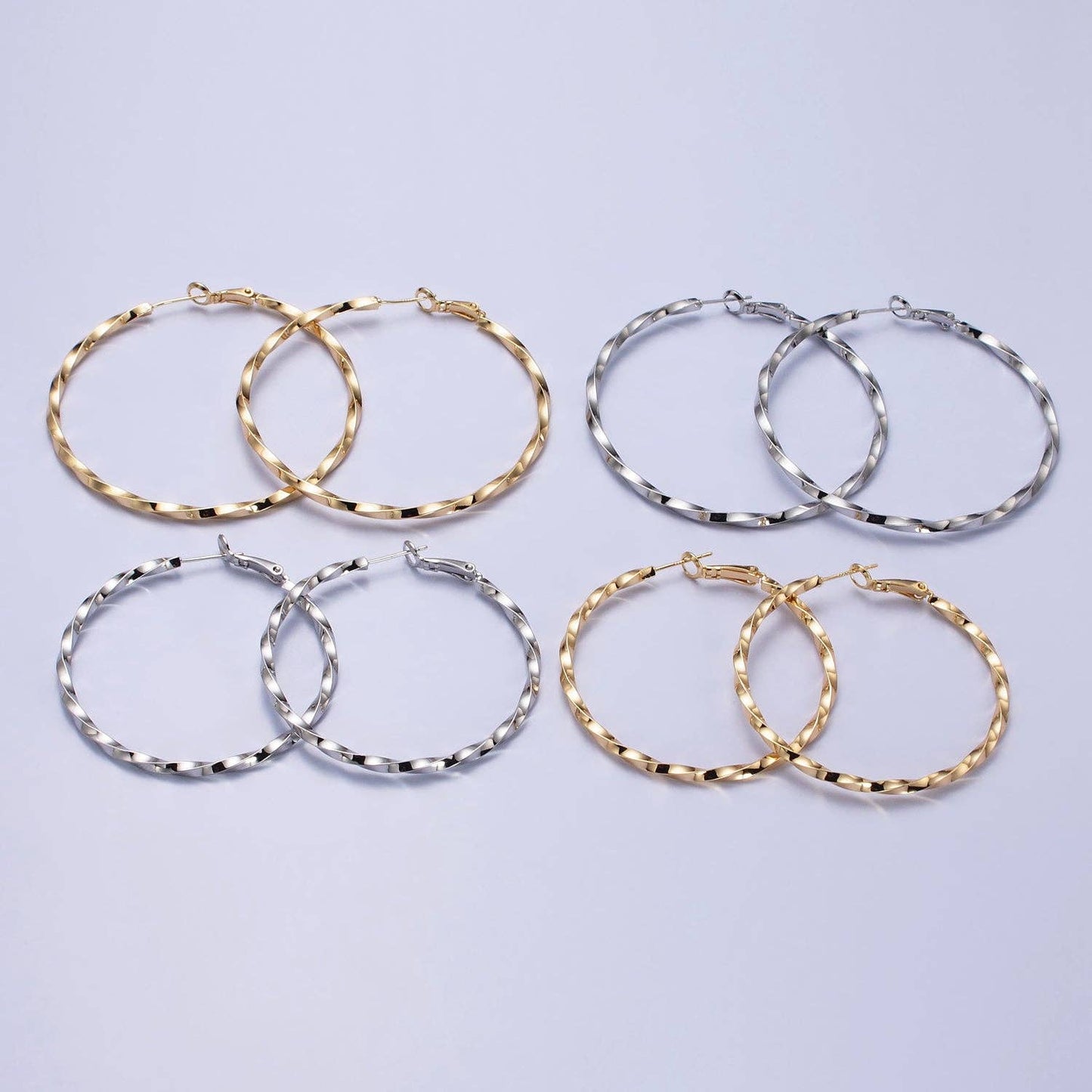 60mm, 50mm Gold Filled Twist Geometric Hoop Hinge Latch Earrings in Gold & Silver | AB499 - AB502