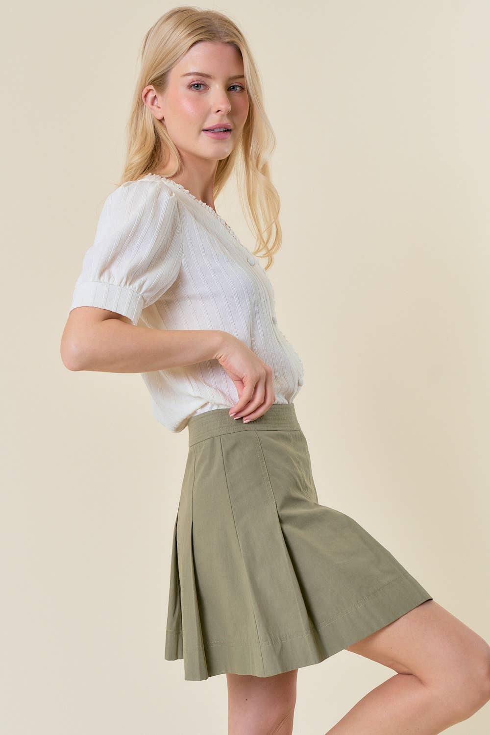 PLEATED COTTON A-LINE MINI SKIRT W/ SIDE ZIP UP - 6500S