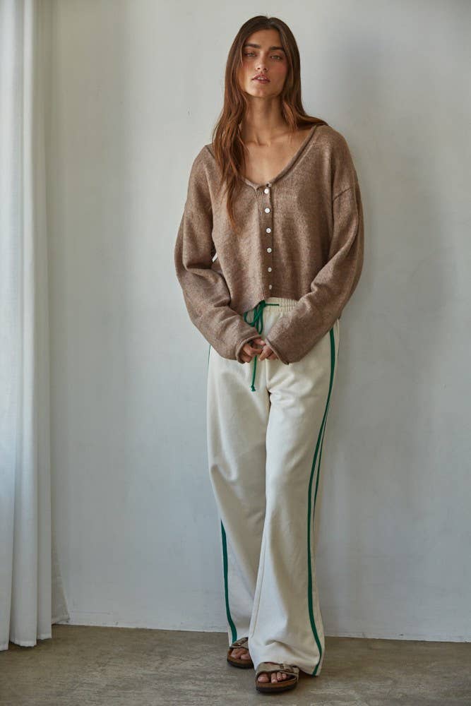W2116 | Knit Sweater Rolled V-Neck Long Sleeve Cardigan Top