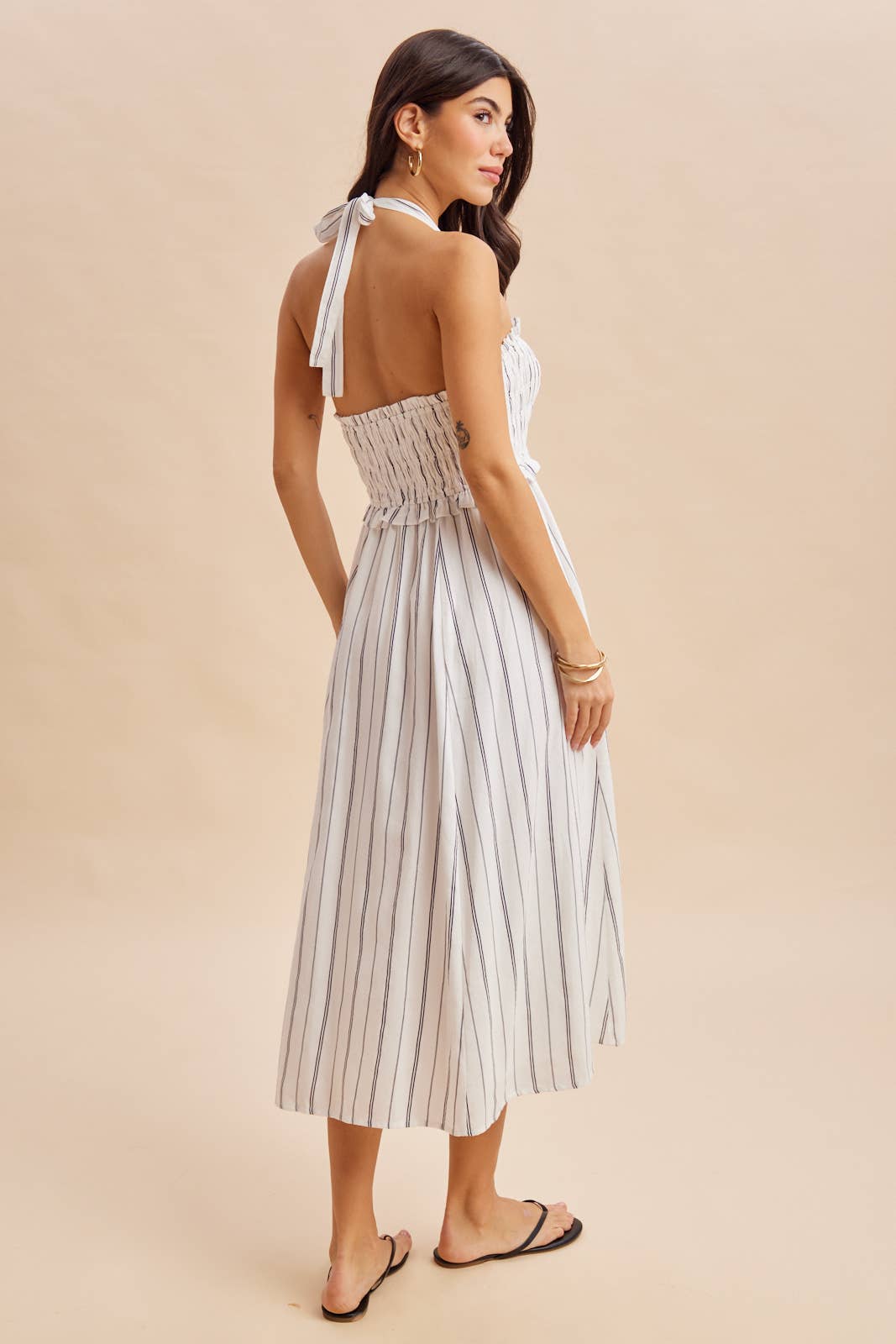 SMOCKED HALTER MIDI DRESS