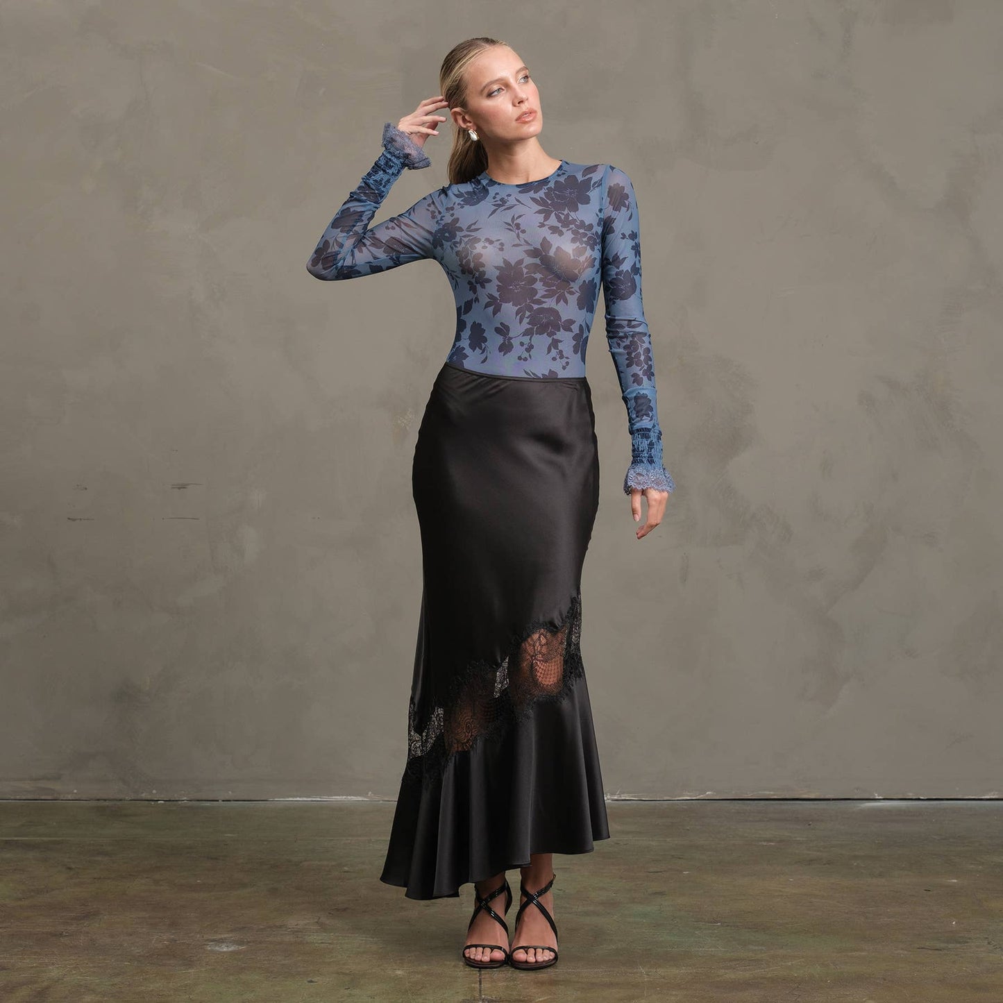 Satin Bias Lace Panel Skirt - RS1005