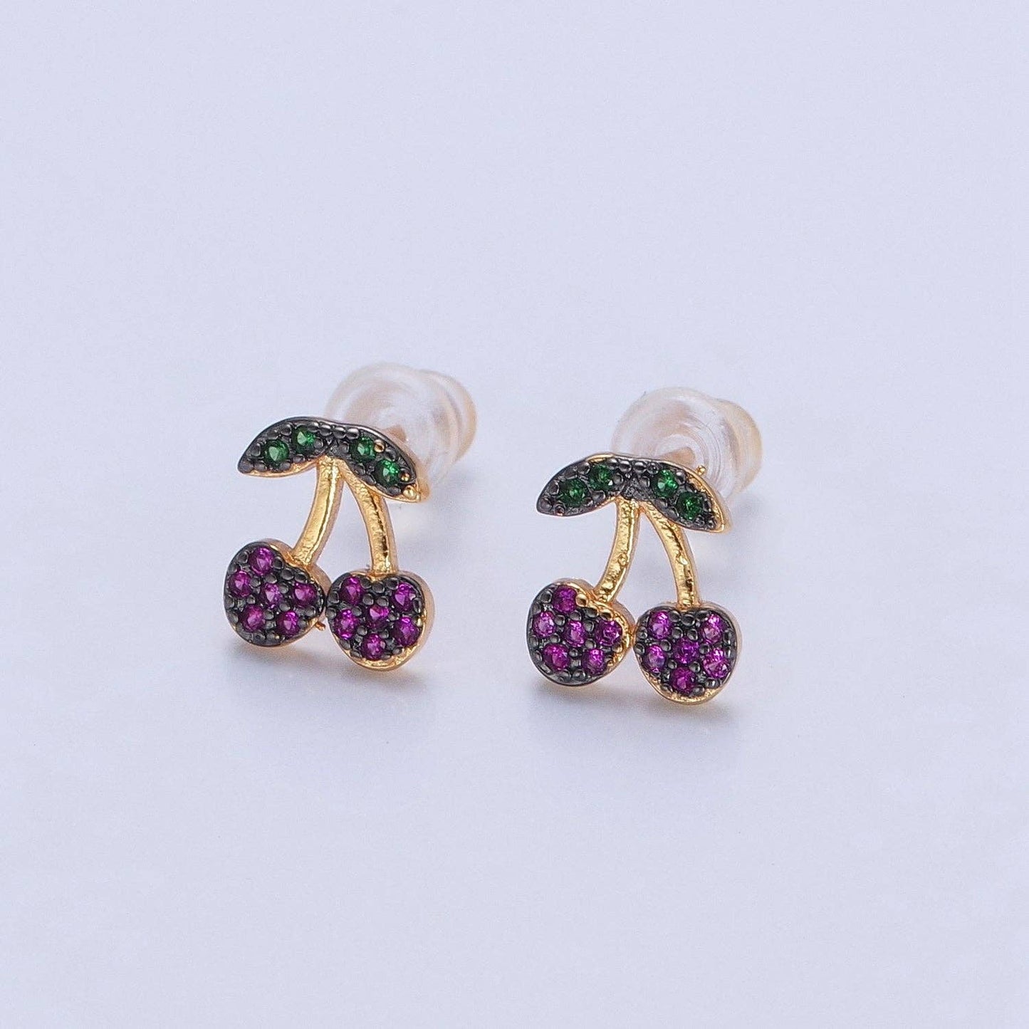 CZ Micro Pave 24K Gold Filled Cherry Fruit Stud Earrings