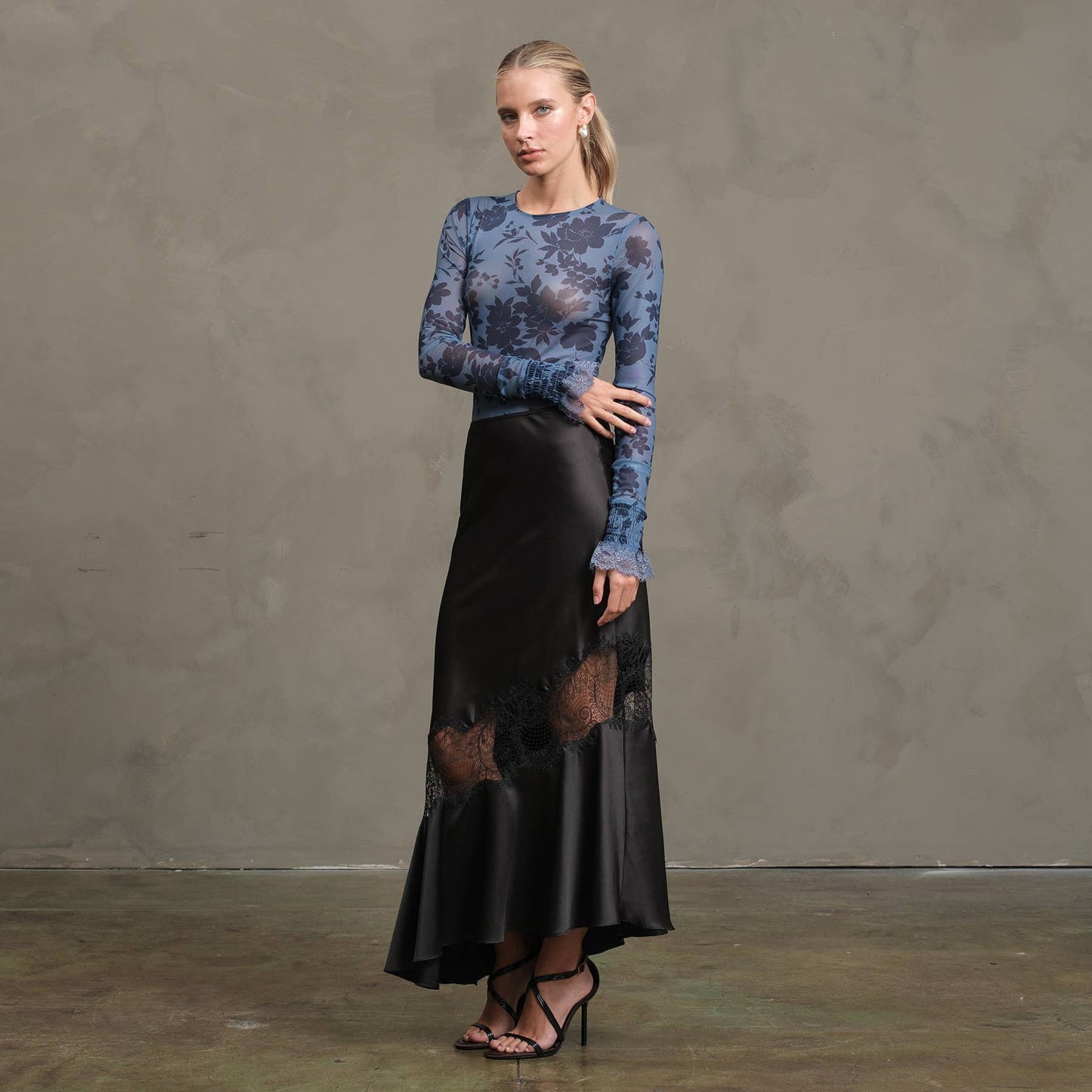 Satin Bias Lace Panel Skirt - RS1005