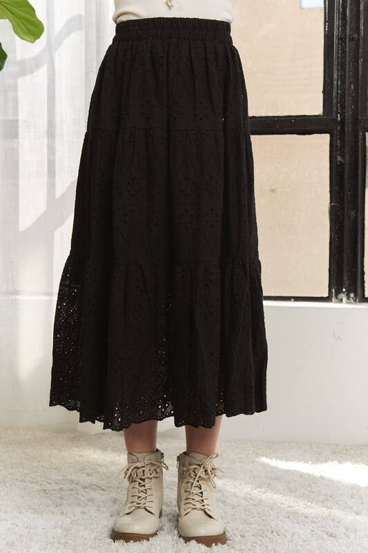 LES3878-ELASTIC WAISTBAND TIERED MIDI SKIRT