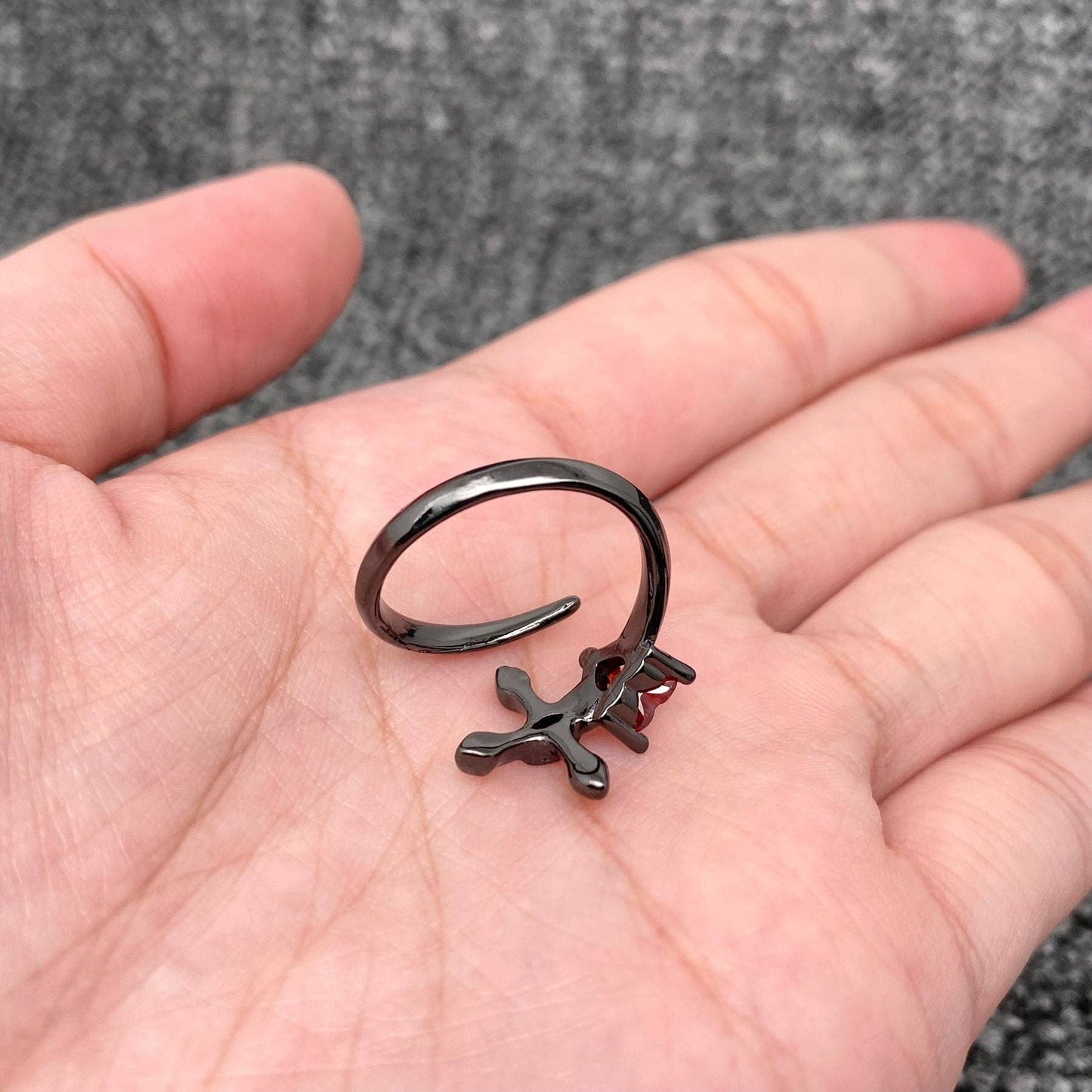 Gothic Inlay Heart CZ Cross Adjustable Black Ring - GT