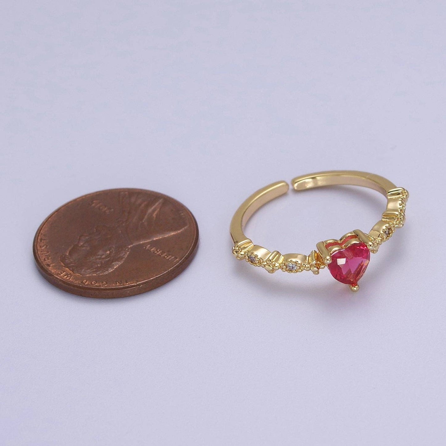 Minimalist Heart Ring, Gold Filled Stacking Ring, Pink CZ Heart Ring Open Adjustable O-2033