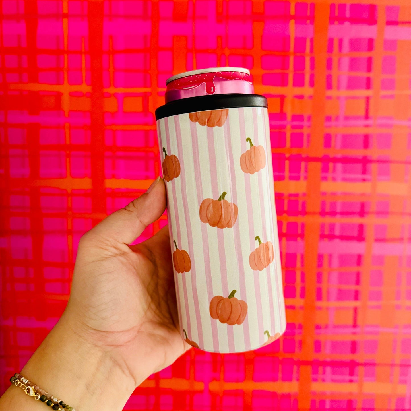 Slim Can Cooler, Pink Striped Pumpkin Pattern